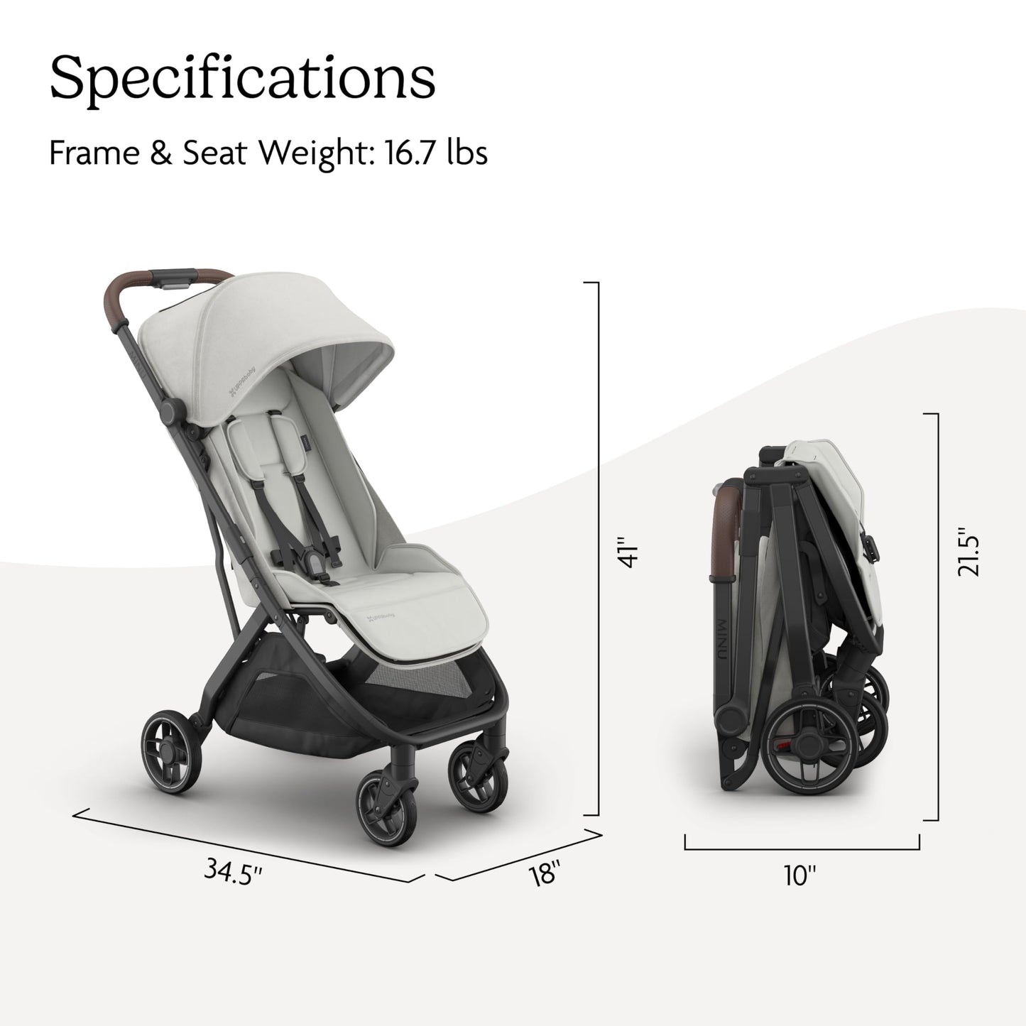 UPPAbaby Minu V3 lightweight travel stroller in Greyson, charcoal mélange with carbon frame and saddle leather, one-hand fold and unfold