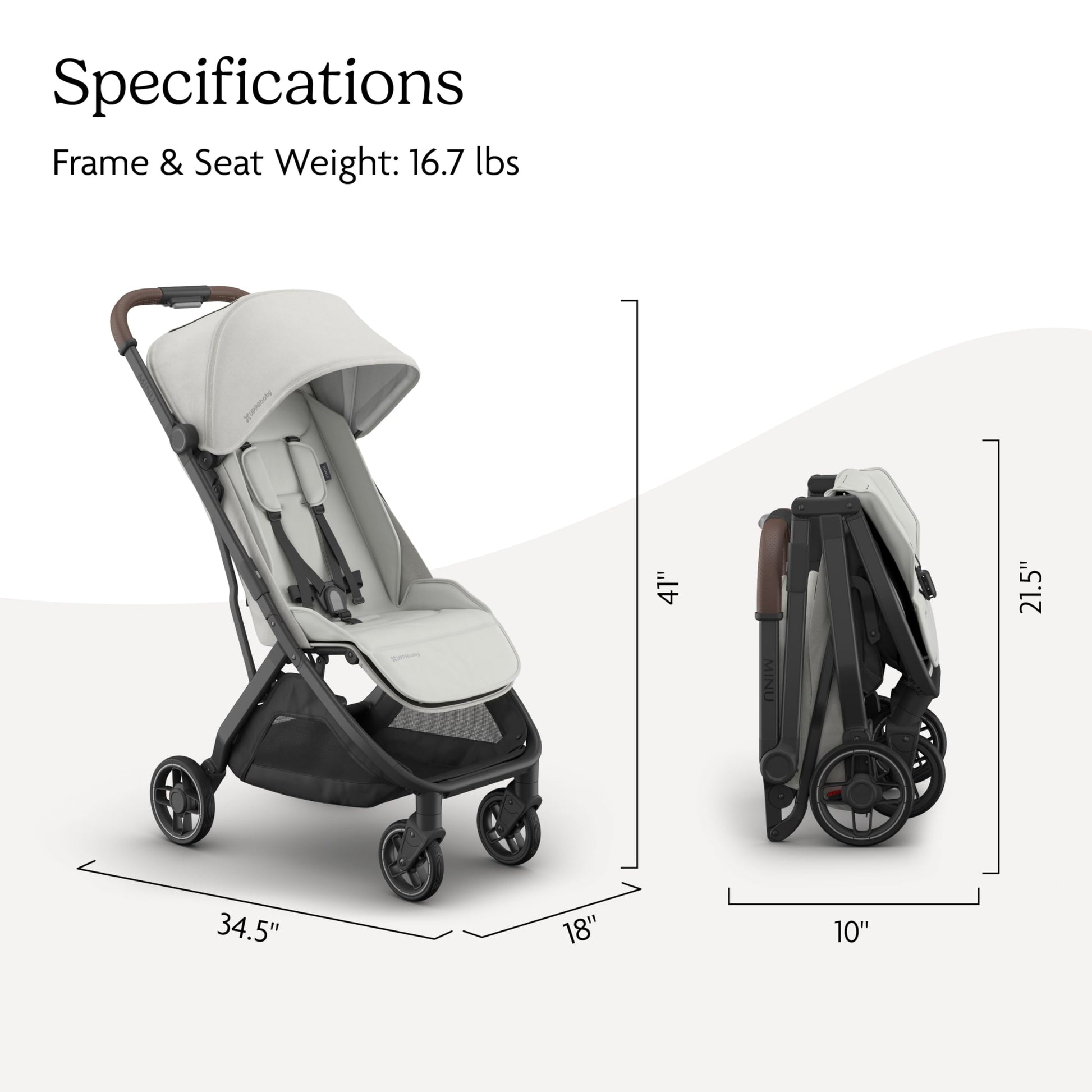 UPPAbaby Minu V3 lightweight travel stroller in Greyson, charcoal mélange with carbon frame and saddle leather, one-hand fold and unfold