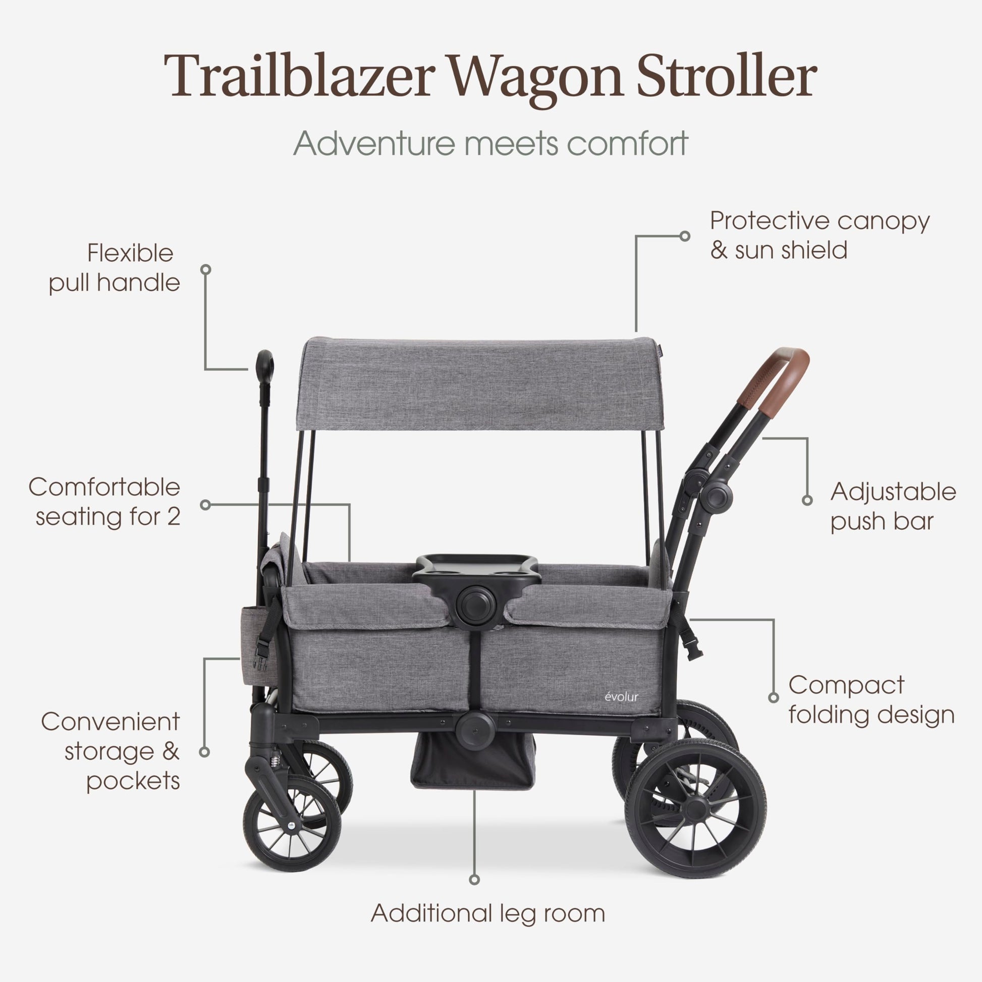 Evolur Trailblazer black double stroller wagon with all-terrain wheels, 5-point harness, removable canopy, foldable design, and spacious storage