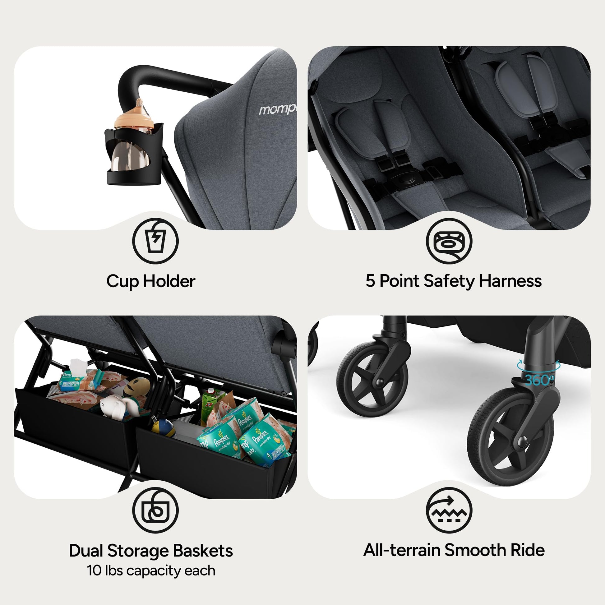 Mompush Lithe double stroller for newborn and toddler, lightweight, easy fold, spacious seats with recline, UPF50+ canopy.