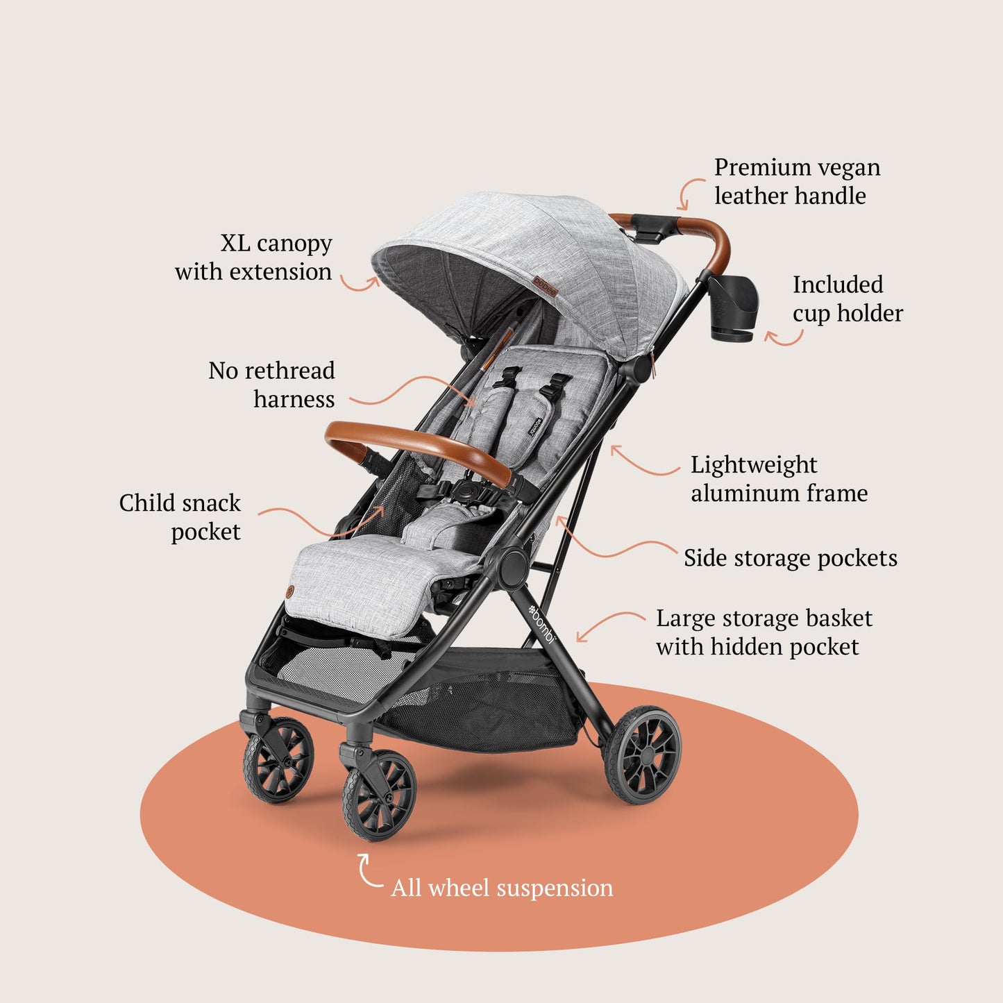 Bombi Bēbee V2 lightweight baby stroller with vegan leather, one-hand fold, infinite recline, aircraft-grade aluminum frame, and XXL canopy