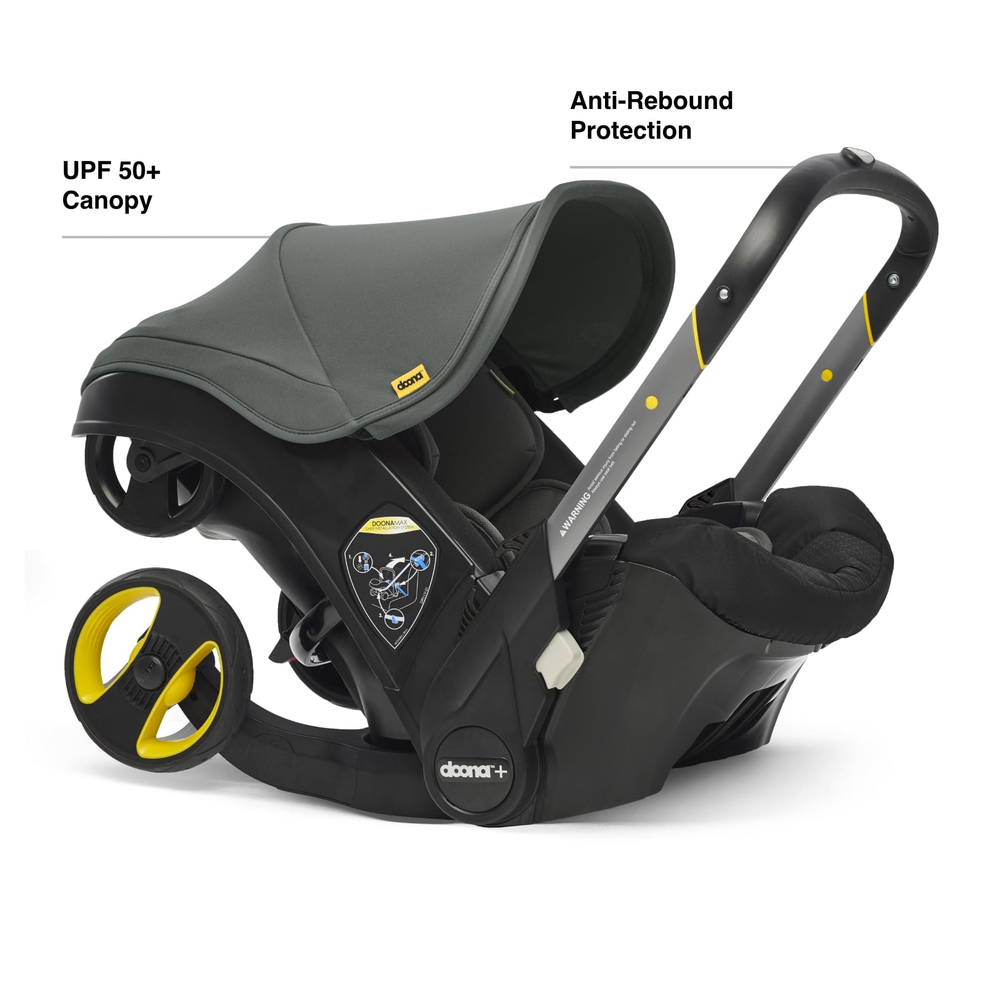 Doona all-in-one travel system with slate green car seat and stroller, compact design for easy transportation and convenience.