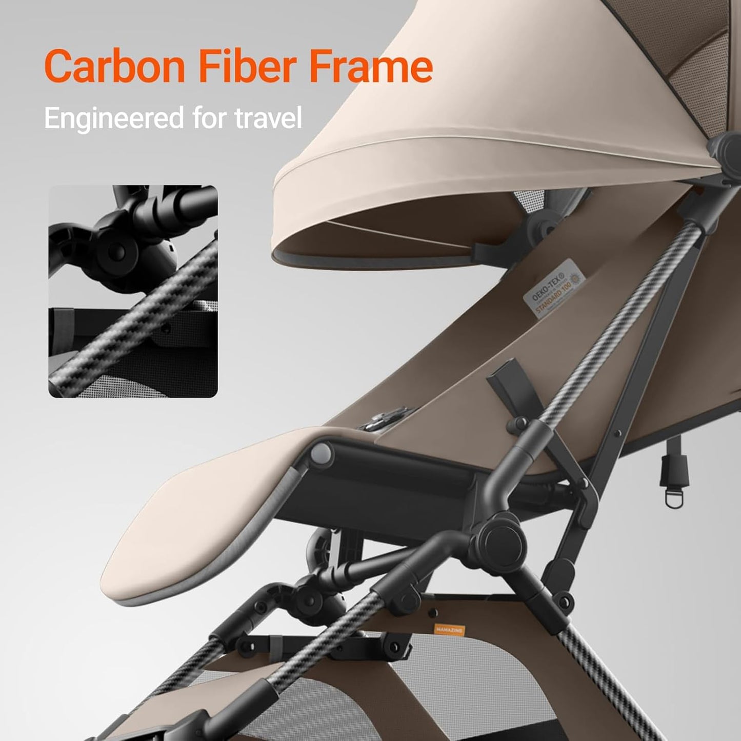 Lightweight MAMAZING Ultra Air baby travel stroller with carbon fiber frame, one-handed fold, compact design, suitable for toddlers.