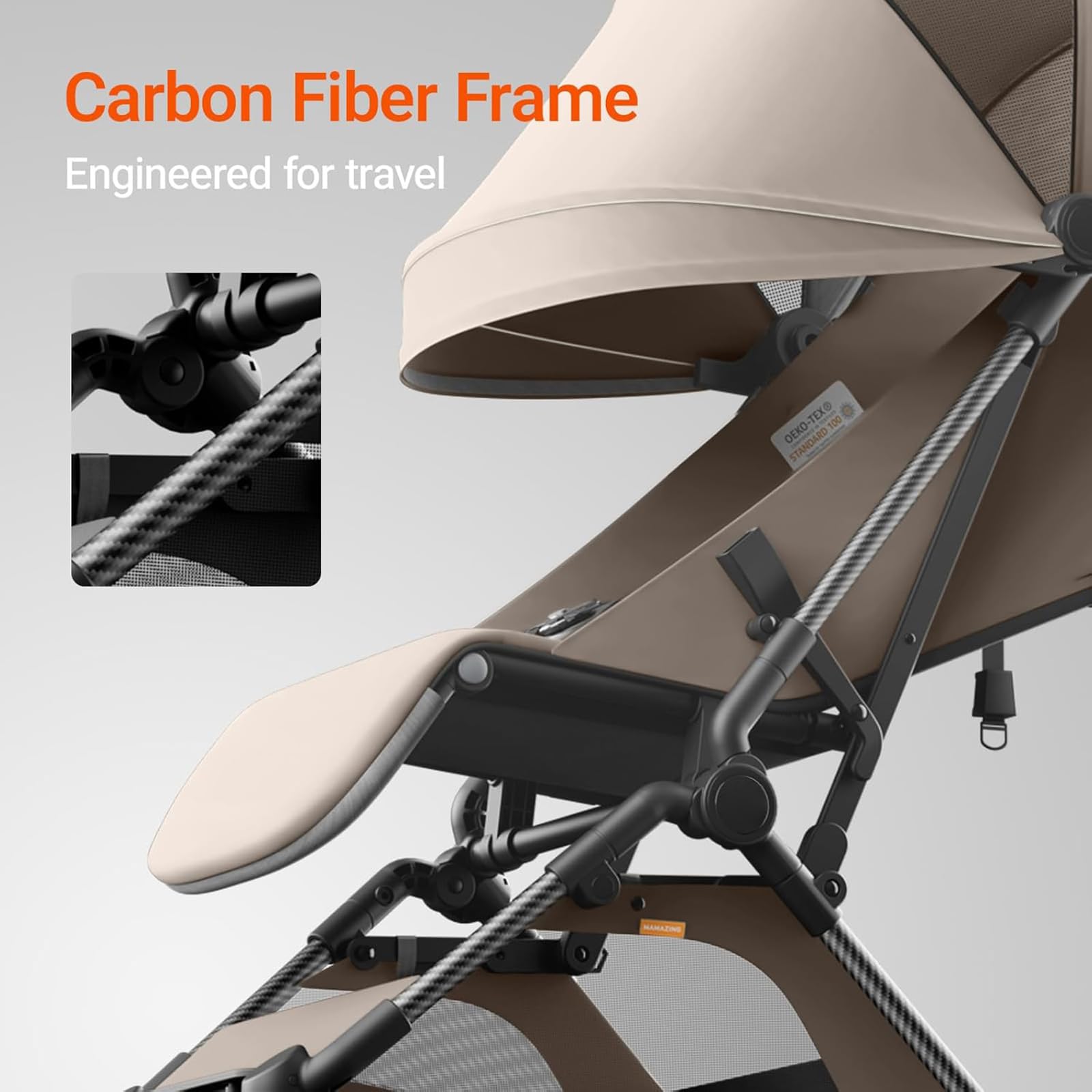 Lightweight MAMAZING Ultra Air baby travel stroller with carbon fiber frame, one-handed fold, compact design, suitable for toddlers.