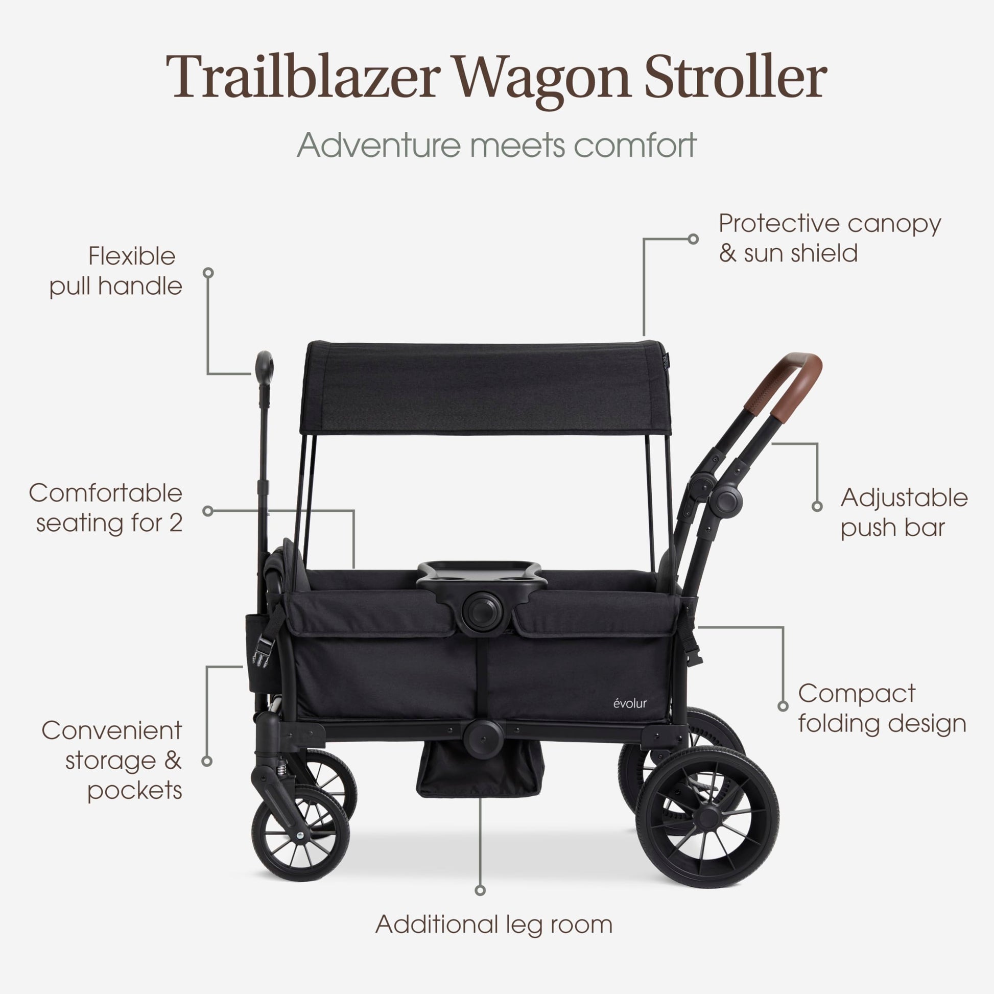 Evolur Trailblazer Wagon Double Stroller in black with all-terrain wheels, foldable design, 5-point harness, removable canopy, and spacious storage