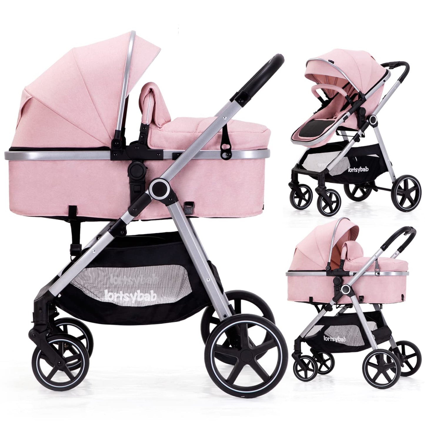 Lortsybab 2-in-1 baby stroller with beige frame, reversible seat, foldable design, suitable for infants and toddlers 0-36 months.