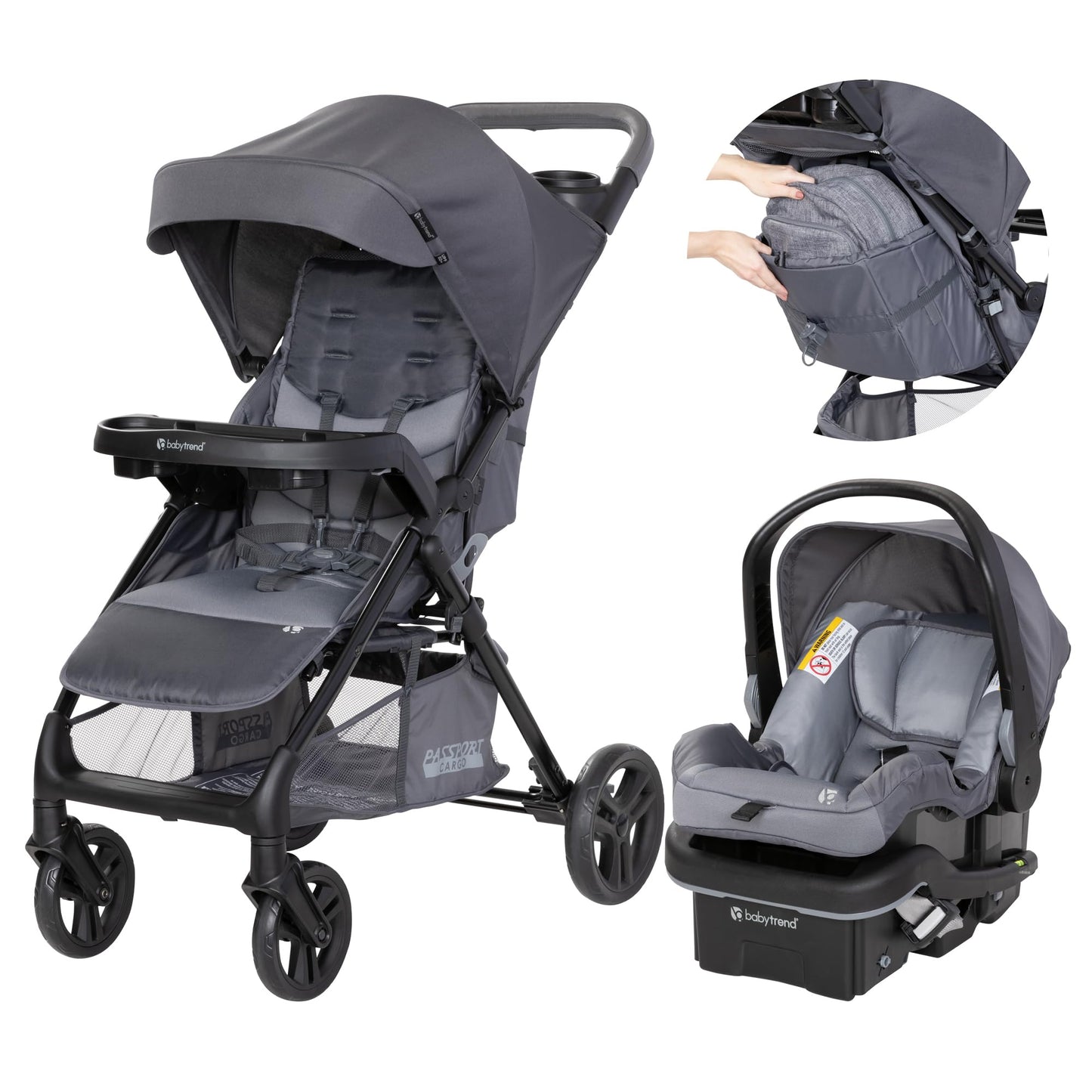 Baby Trend Passport Cargo Stroller with EZ-Lift Plus infant car seat in pink bamboo, featuring adjustable handle and storage basket.