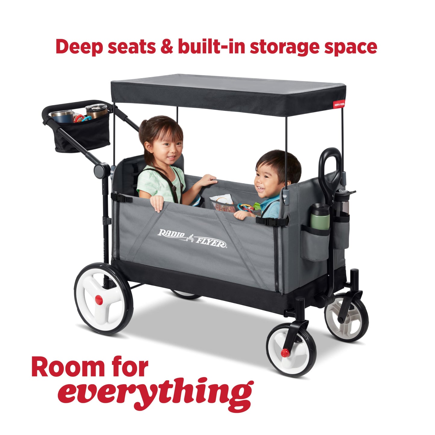 Red Radio Flyer wagon for kids featuring a convertible stroller design, suitable for toddlers ages 1 and up, with wheels for outdoor play.