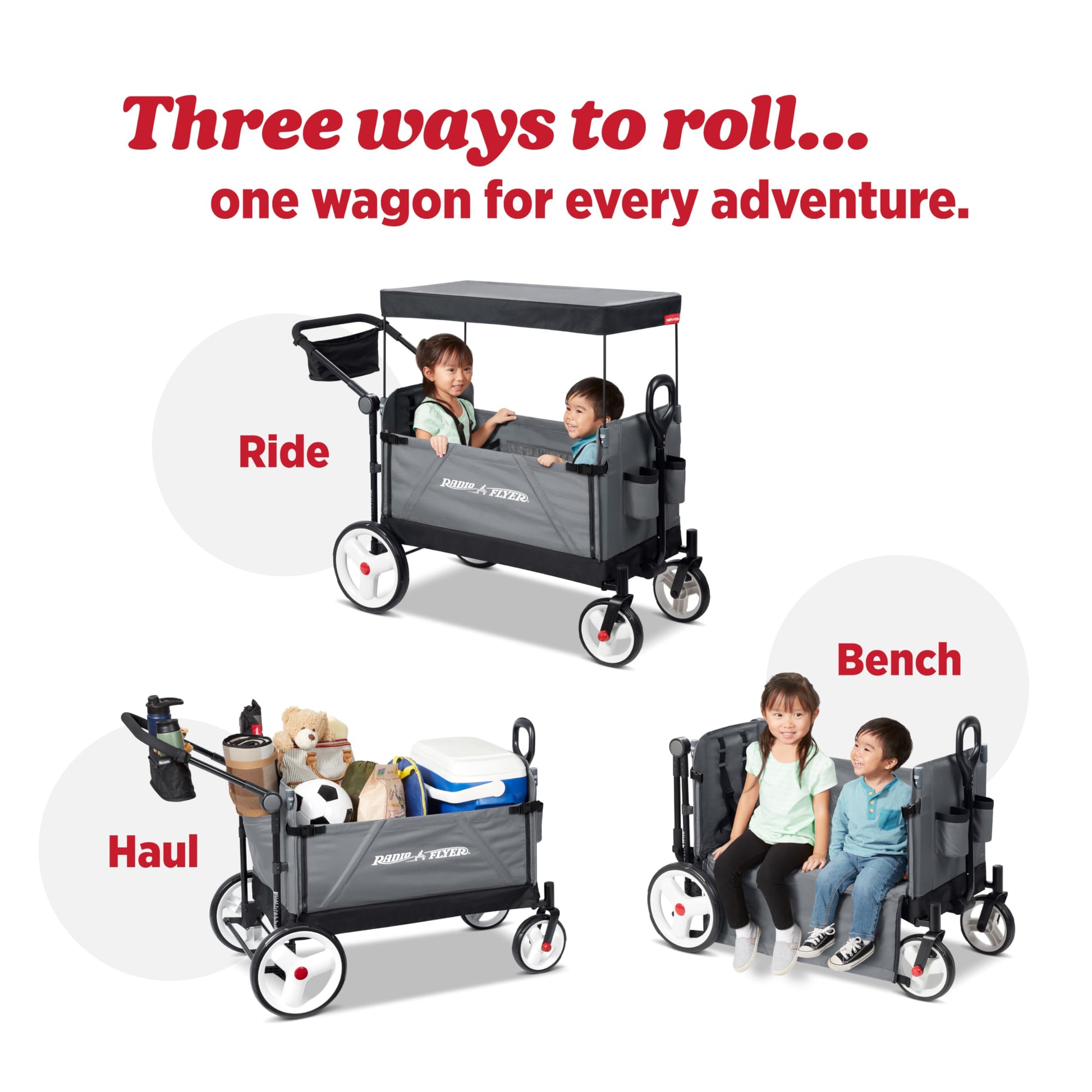 Red Radio Flyer wagon for kids and toddlers, featuring a convertible stroller design with wheels, ideal for outdoor play and beach trips.