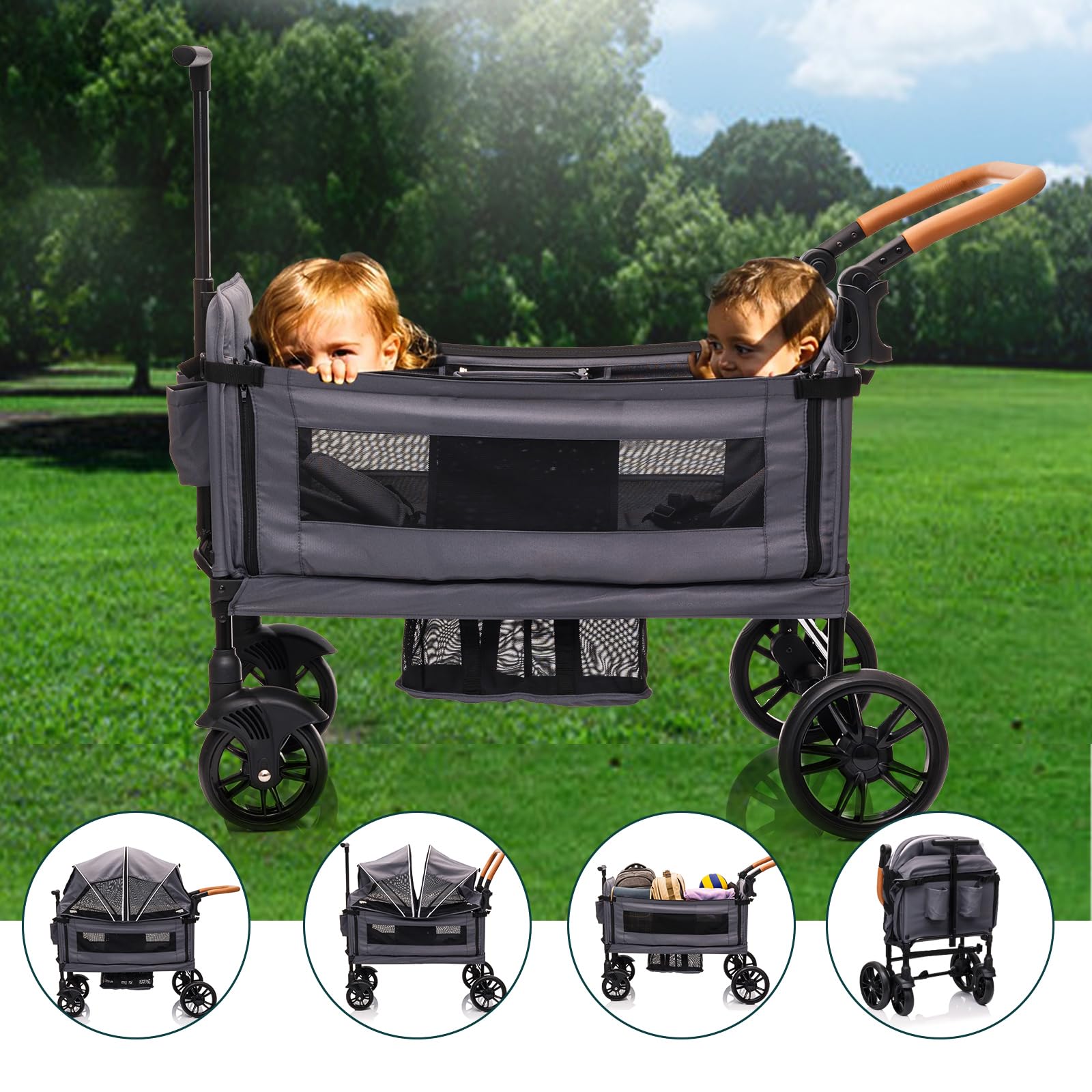 Lightweight foldable luxury wagon stroller for two kids with adjustable handle, canopy, tray, cup holder, and all-terrain wheels.