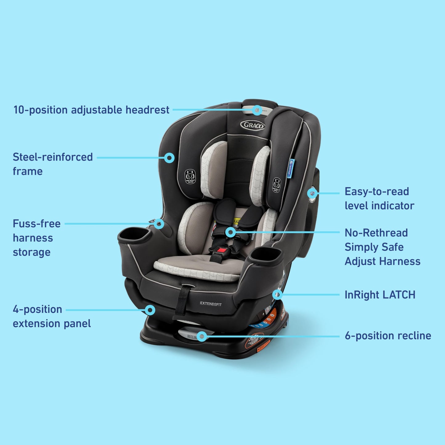 Graco Extend2Fit convertible baby car seat in Gotham, rear and forward facing with adjustable extension panel for extra legroom.