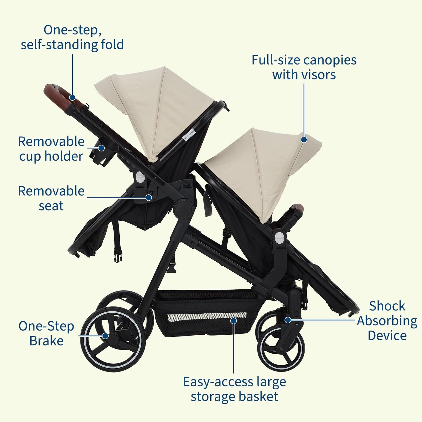 My Store tandem stroller with double bassinet, reversible seats, adjustable canopy, one-hand fold, black frame and large storage basket.