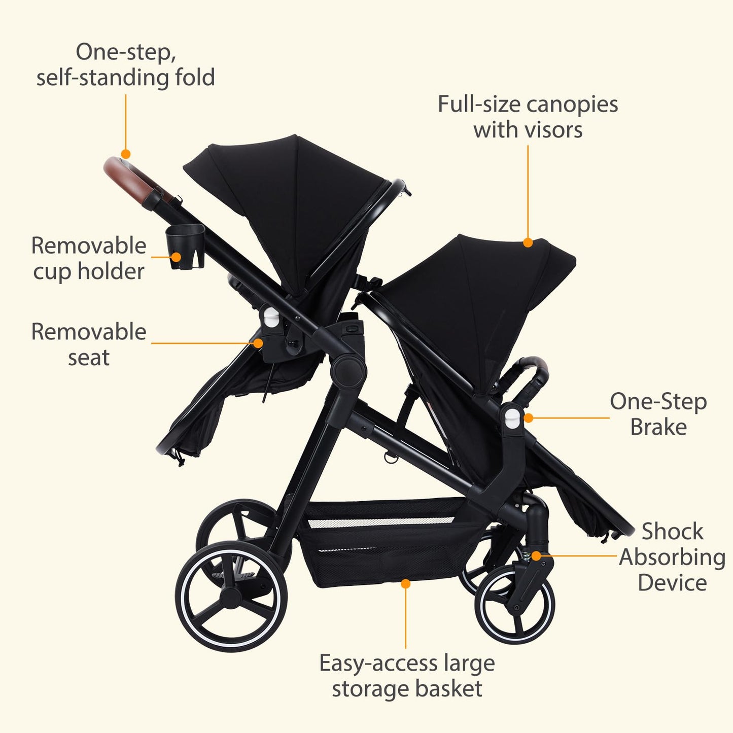Black tandem stroller with reversible seats, adjustable canopies, large storage basket, and one-hand fold for twins and newborns.