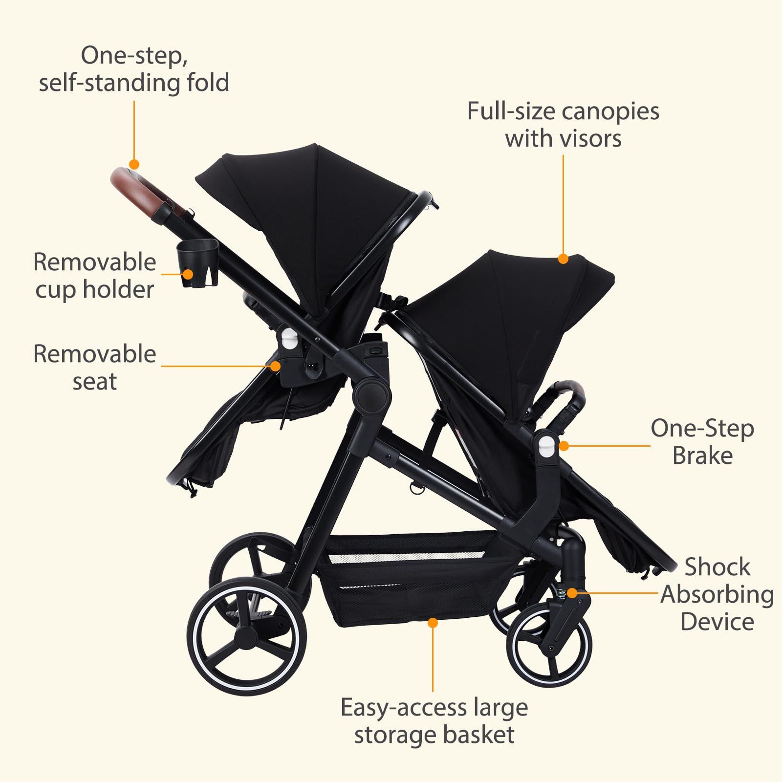Black tandem stroller with reversible seats, adjustable canopies, large storage basket, and one-hand fold for twins and newborns.