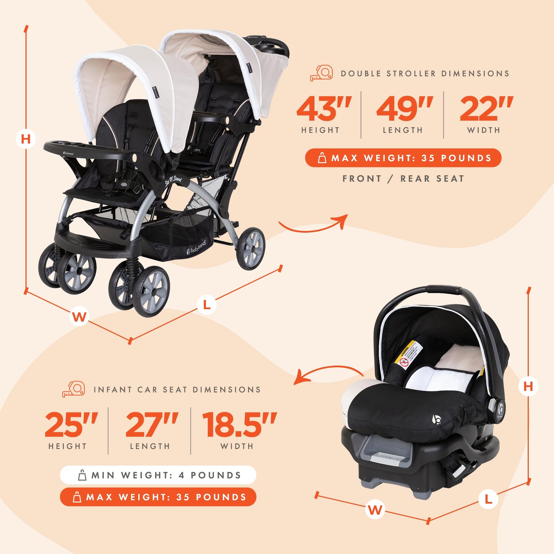 Baby Trend infant and toddler double stroller with car seat, lightweight and portable Stormy travel system tandem for infants and toddlers.