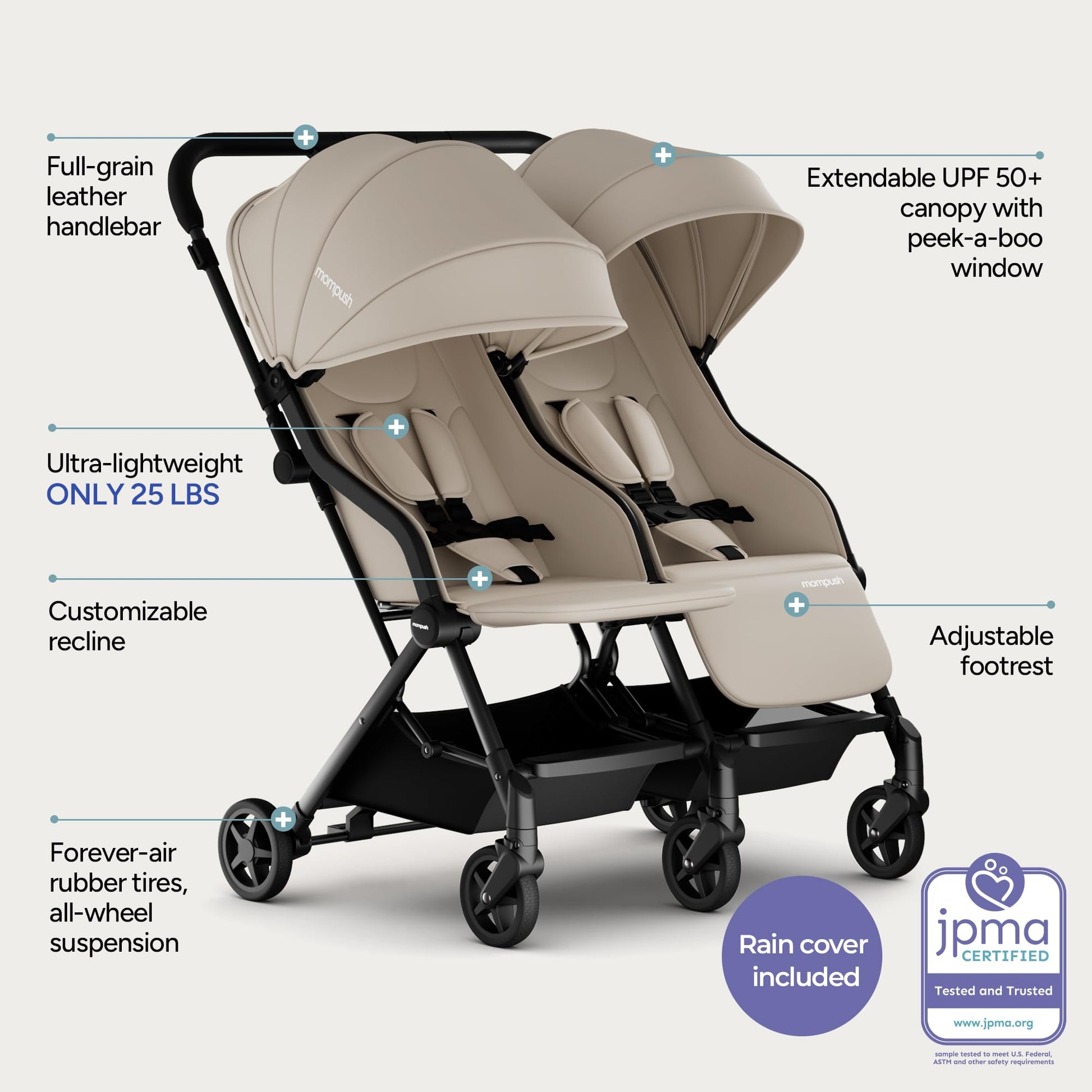 Mompush Lithe double stroller with lightweight design, spacious seats, recline, easy fold, and UPF50+ canopy for newborns and toddlers.