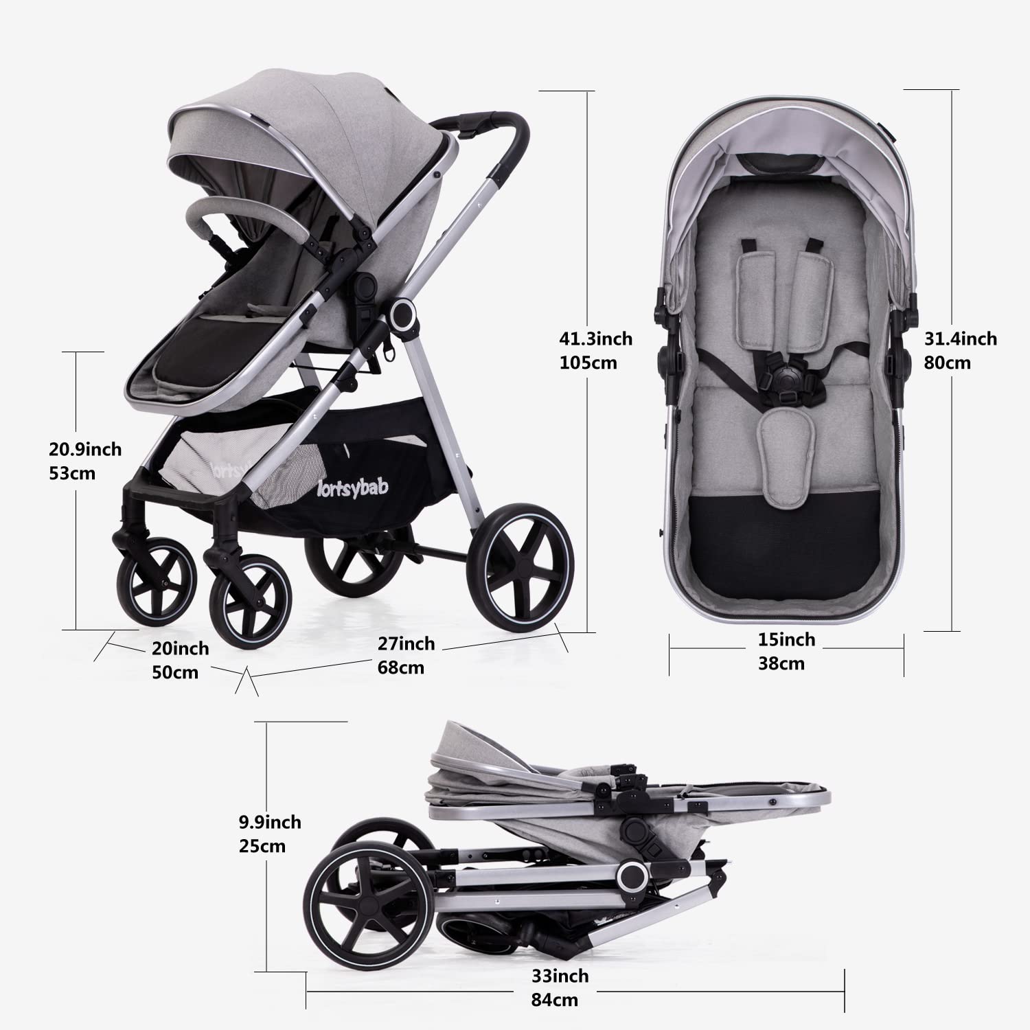 Lortsybab 2-in-1 baby stroller with beige reversible seat, folding infant pram for 0-36 months, suitable for toddlers and newborns.
