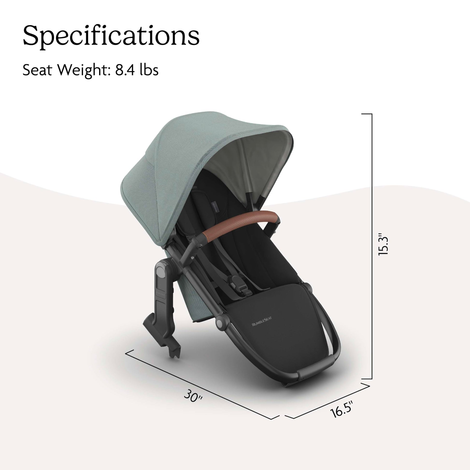 UPPAbaby RumbleSeat V3 second lower all-weather seat with magnetic buckle on silver frame, chestnut leather accents, compatible with Vista V2/V3