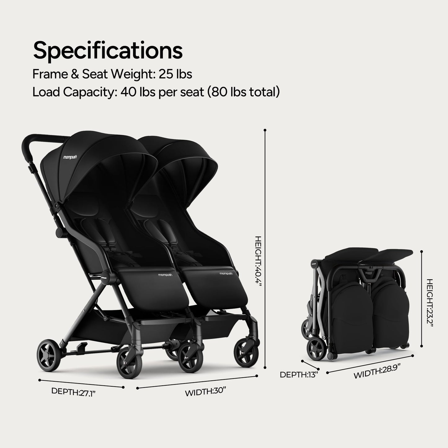 Mompush Lithe double stroller with lightweight design, spacious seats, recline feature, easy fold, and UPF50+ canopy for newborns and toddlers.