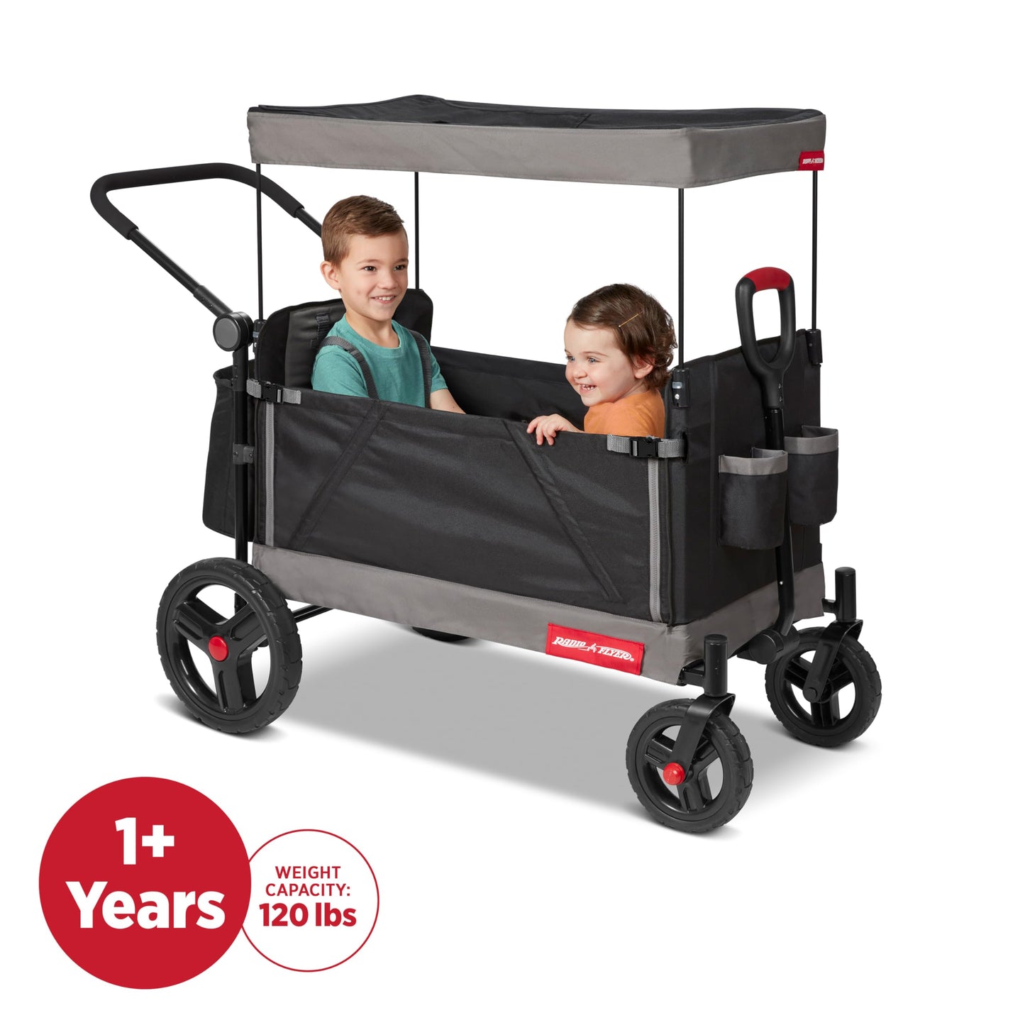 Red Radio Flyer wagon for kids with wheels, convertible stroller and rolling cart for toddlers ages 1+ outdoors and at the beach.
