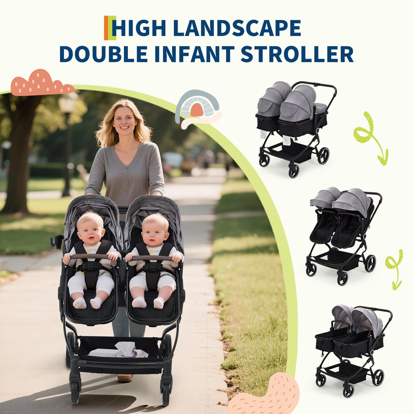 Lightweight double stroller for twins with reclining seats, adjustable canopy, 5-point harness, and high landscape design for infants and toddlers.