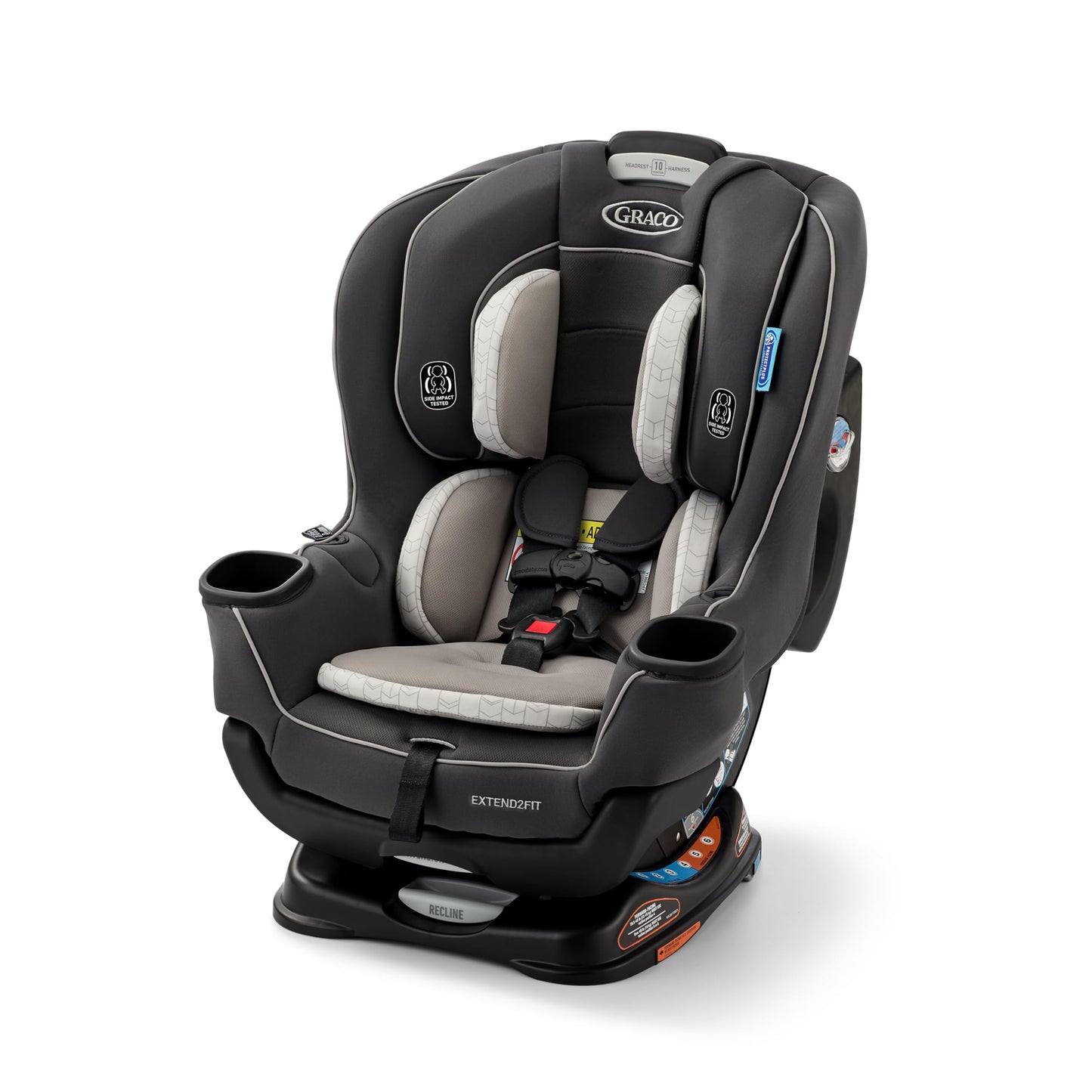 Graco Extend2Fit convertible baby car seat in Gotham color with adjustable extension panel for extra legroom, rear and forward facing.