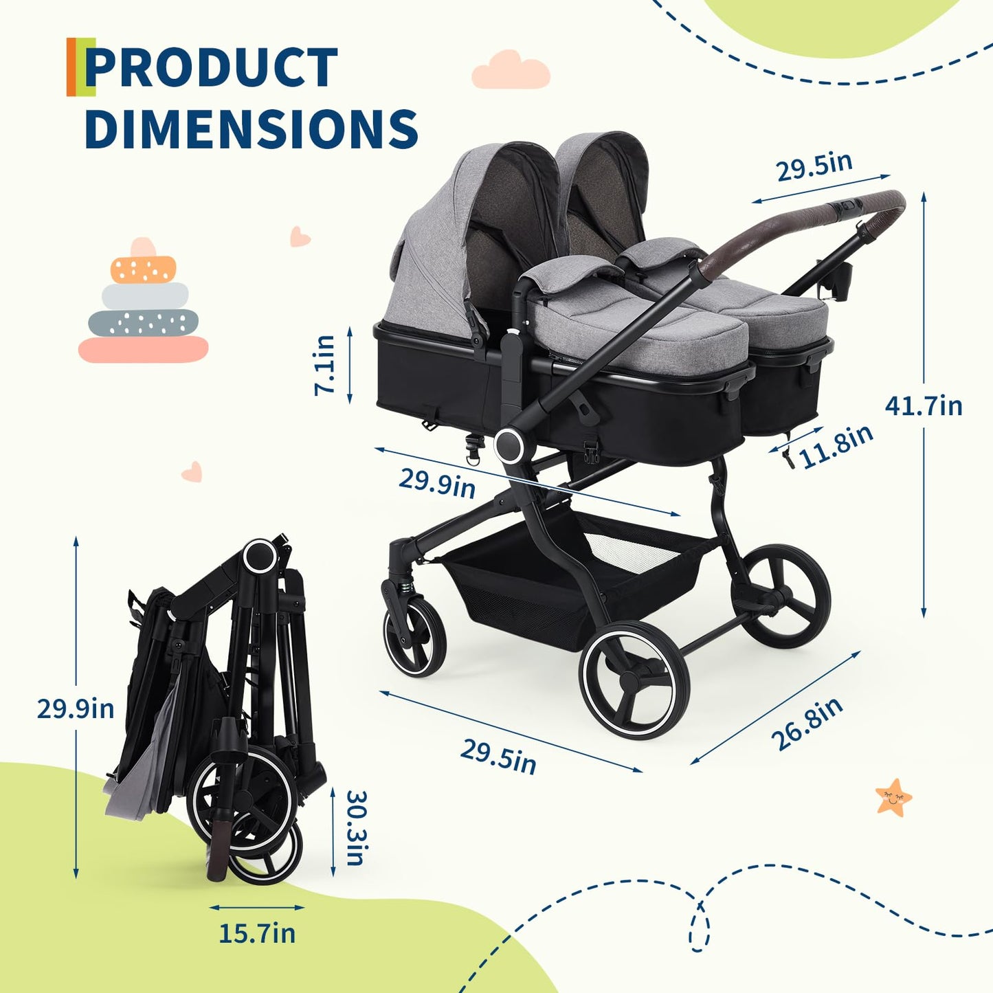 Lightweight double stroller for twins by My Store with reclining seats, adjustable canopies, 5-point harness, and high landscape design.