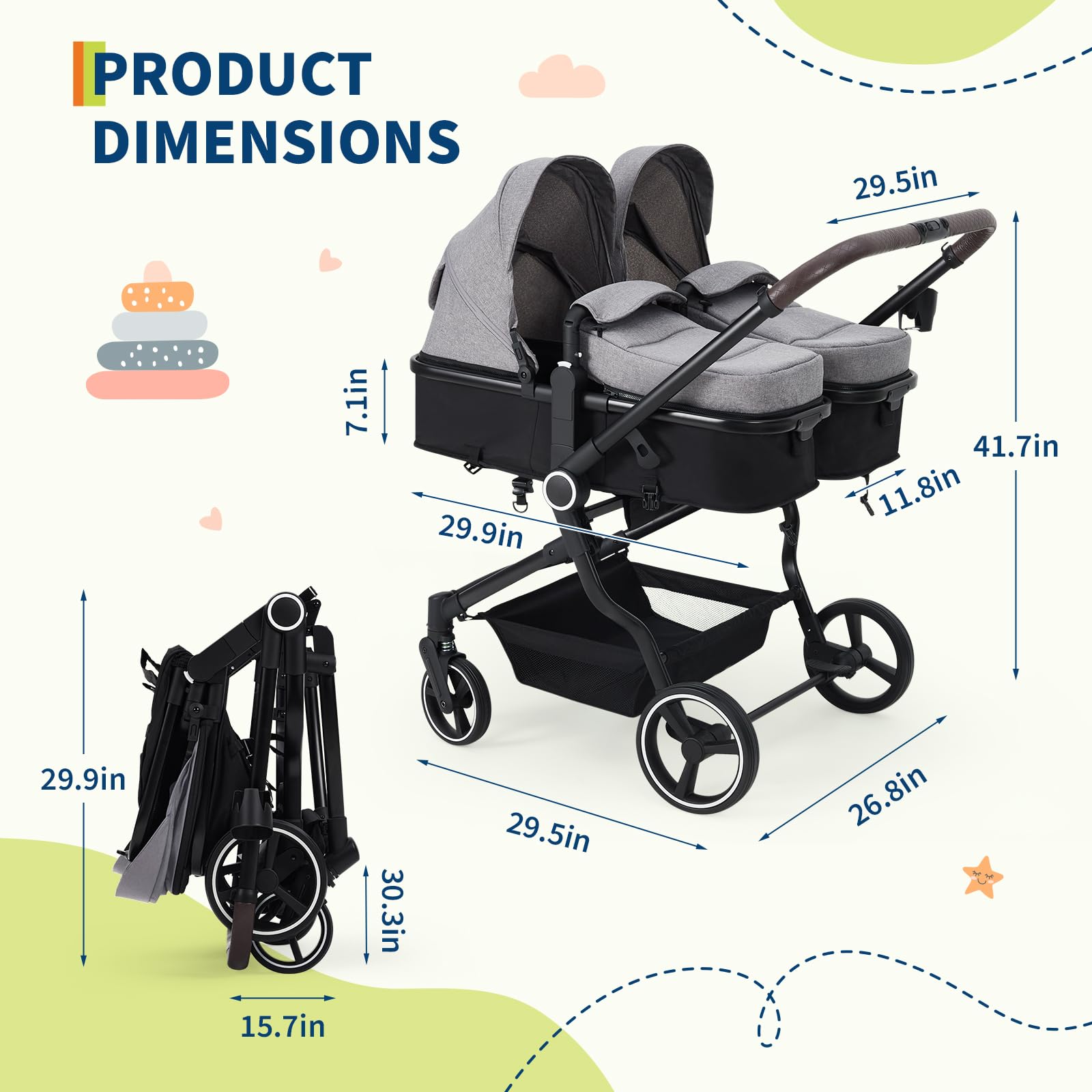 Lightweight double stroller for twins by My Store with reclining seats, adjustable canopies, 5-point harness, and high landscape design.