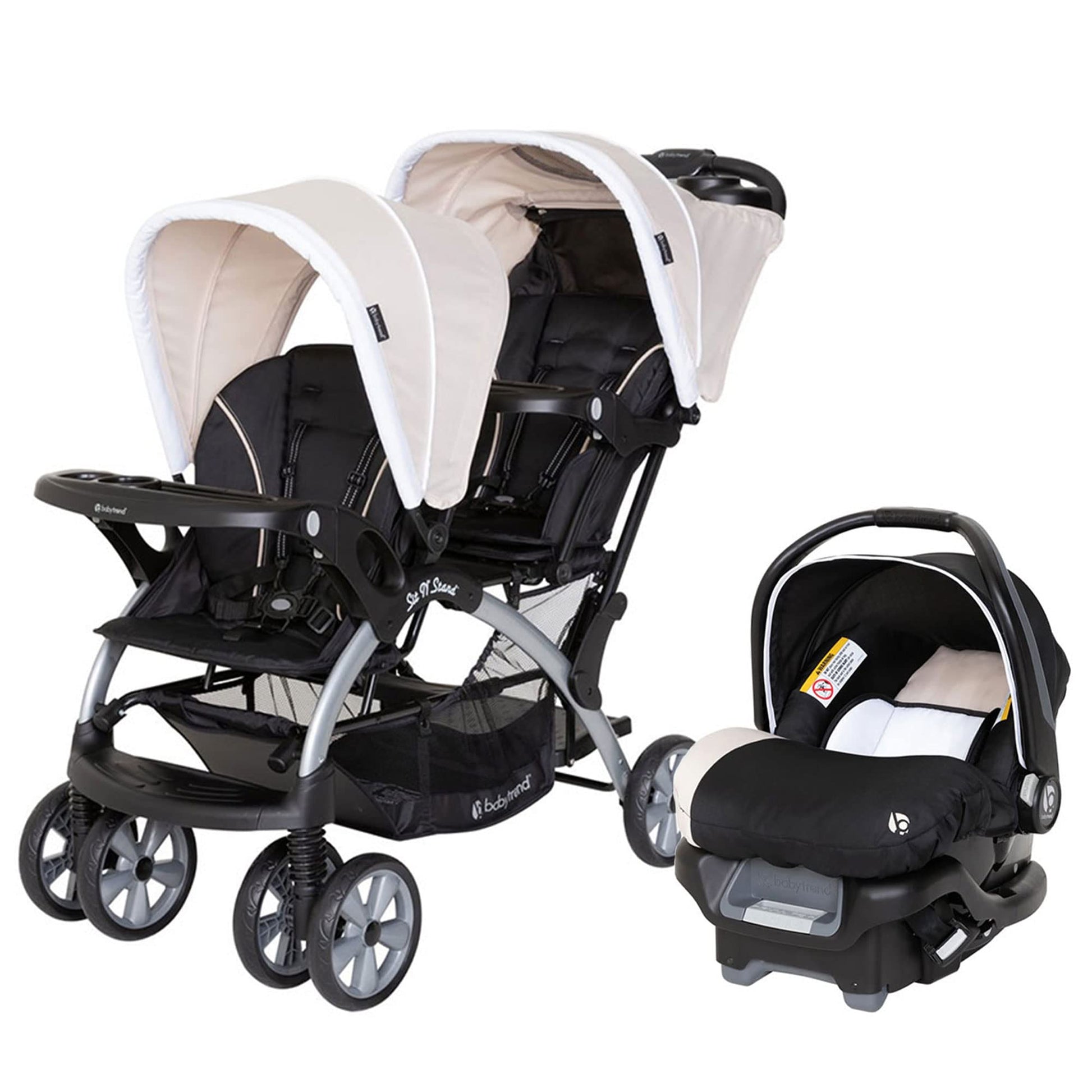 Baby Trend infant and toddler double stroller with matching car seat, lightweight and portable Stormy travel system tandem.
