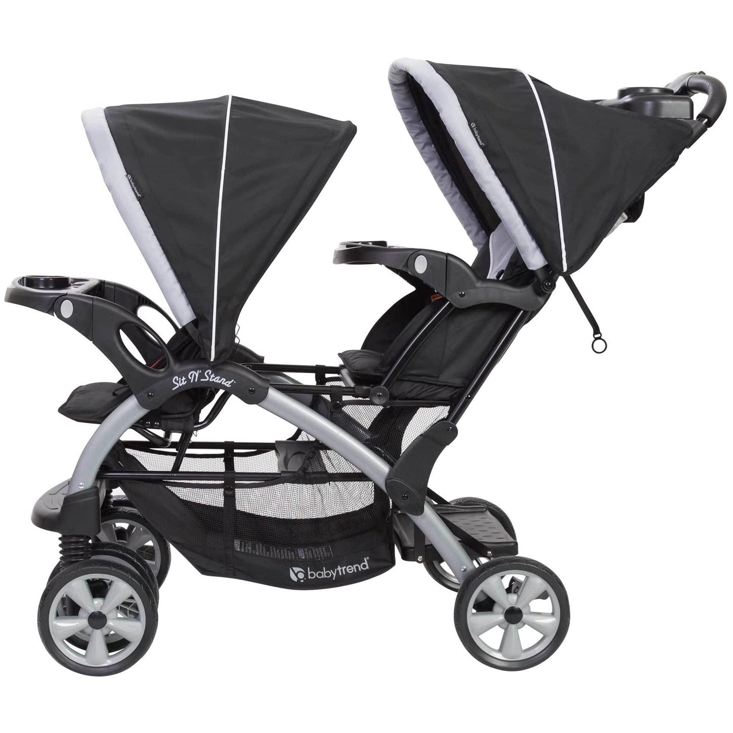 Baby Trend infant and toddler double stroller with car seat combo, lightweight, portable travel system in stormy color, tandem design.