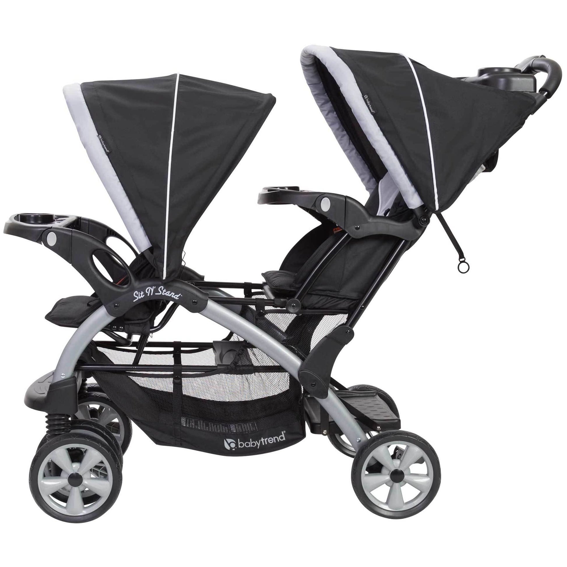 Baby Trend infant and toddler double stroller with car seat combo, lightweight, portable travel system in stormy color, tandem design.