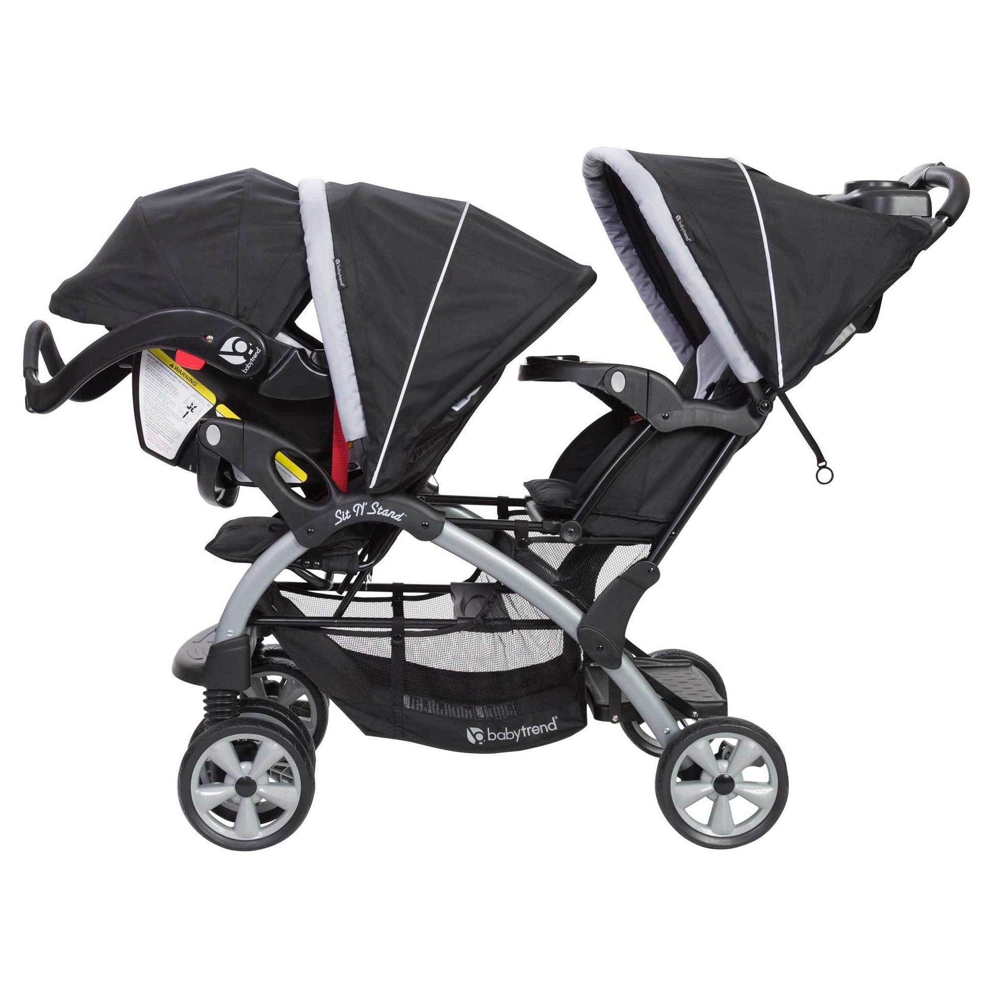 Baby Trend infant and toddler double stroller with car seat, lightweight and portable design, Stormy color, tandem travel system.