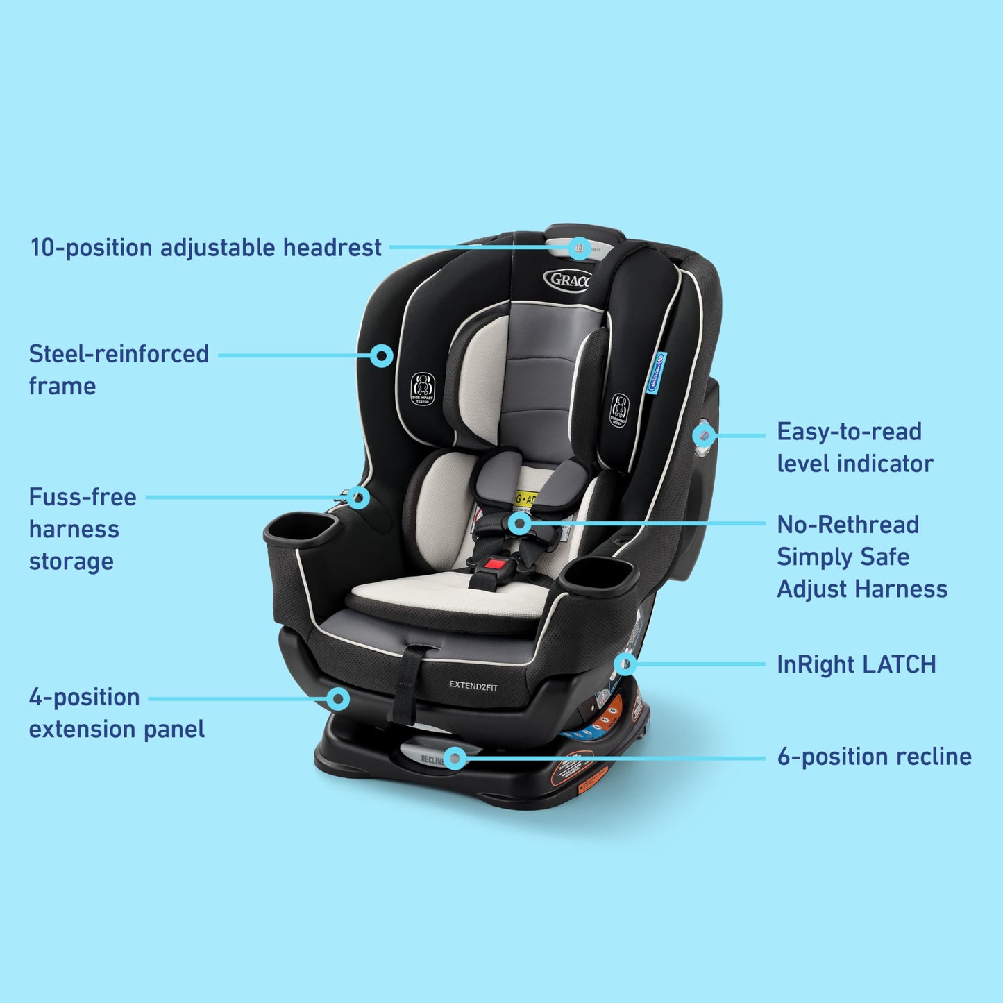 Graco Extend2Fit convertible baby car seat in Gotham color with adjustable extension panel for extra legroom, rear and forward facing.