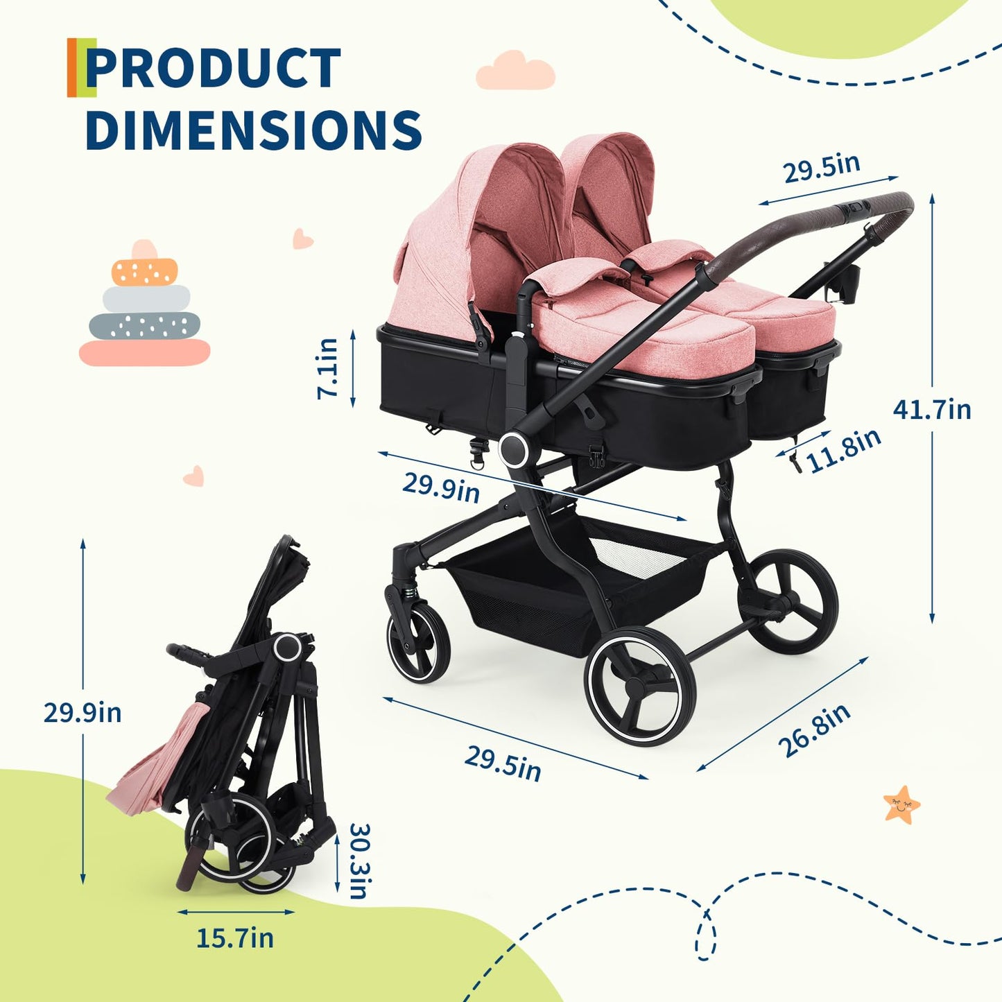 Lightweight double stroller for twins from My Store, side-by-side design with adjustable canopy, reclining seats, and 5-point harness.