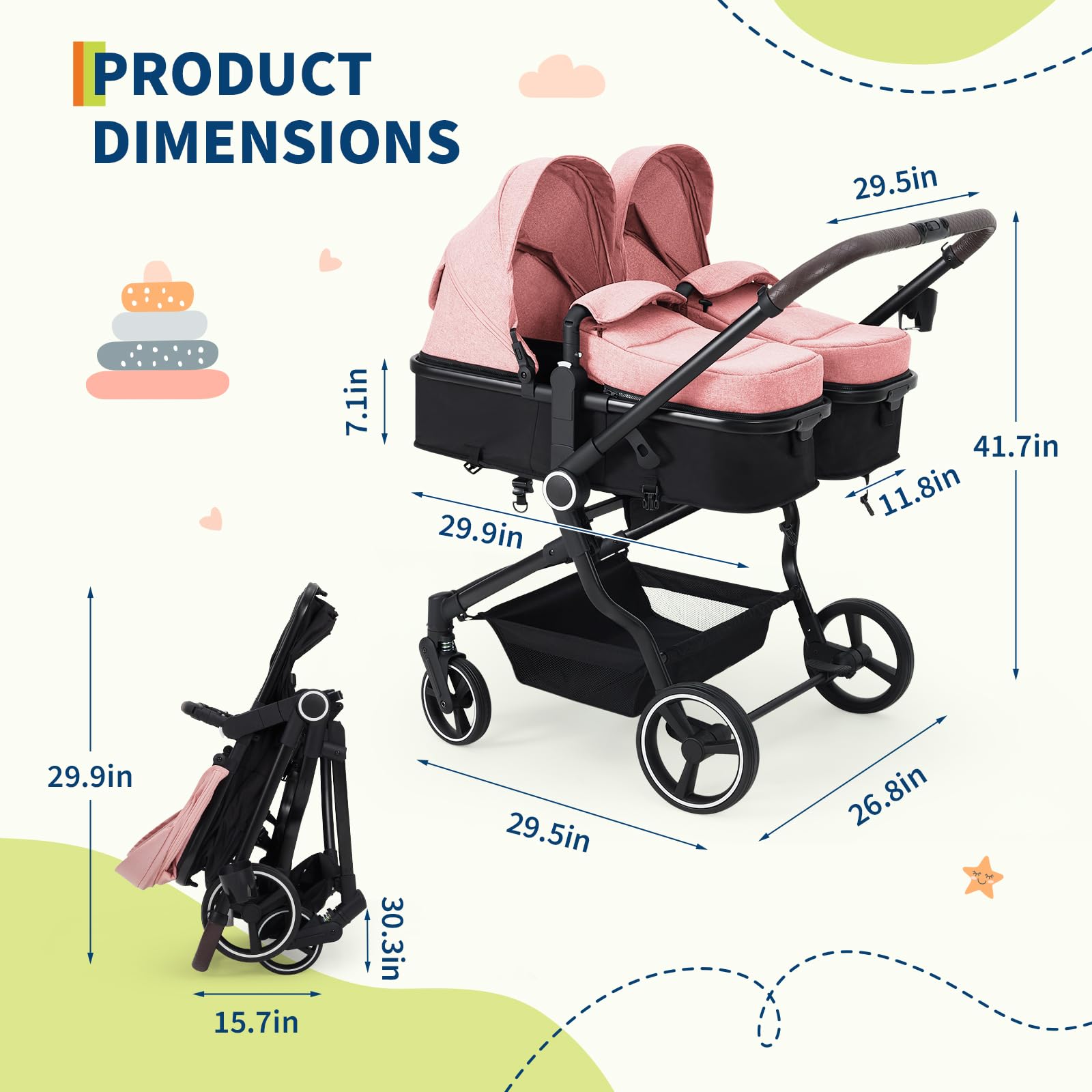 Lightweight double stroller for twins from My Store, side-by-side design with adjustable canopy, reclining seats, and 5-point harness.