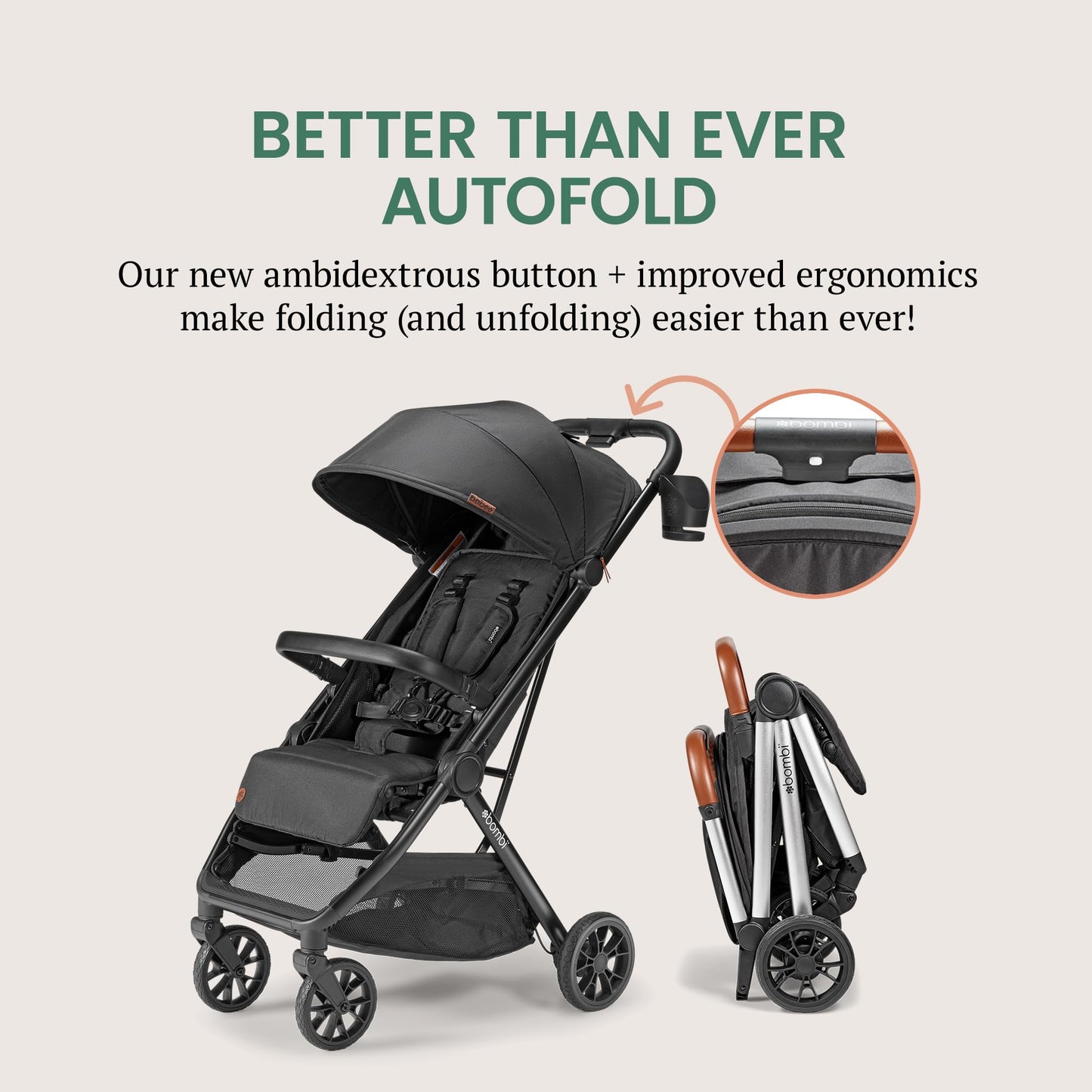 Bombi Bēbee V2 lightweight baby stroller with vegan leather, one-hand fold, infinite recline, aircraft-grade aluminum frame, and XXL canopy