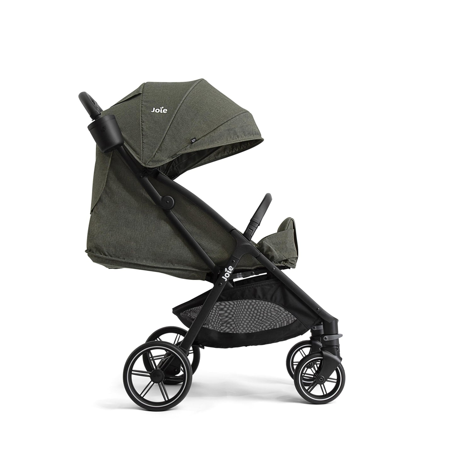 Joie Nutmeg compact stroller in shale color, lightweight design with one-hand fold, suitable for easy travel and daily use