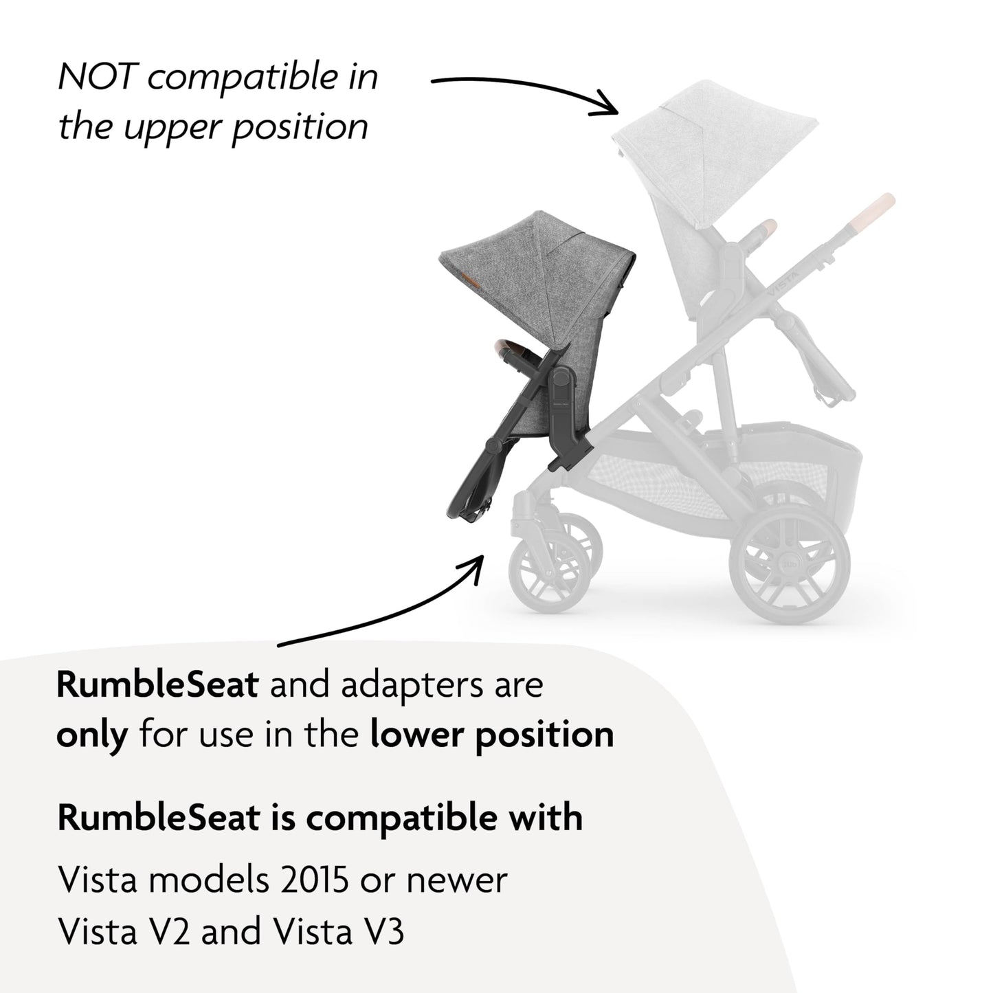 UPPAbaby RumbleSeat V3 second lower all-weather seat with magnetic buckle and adapters, in Declan Oat Mélange with silver frame.