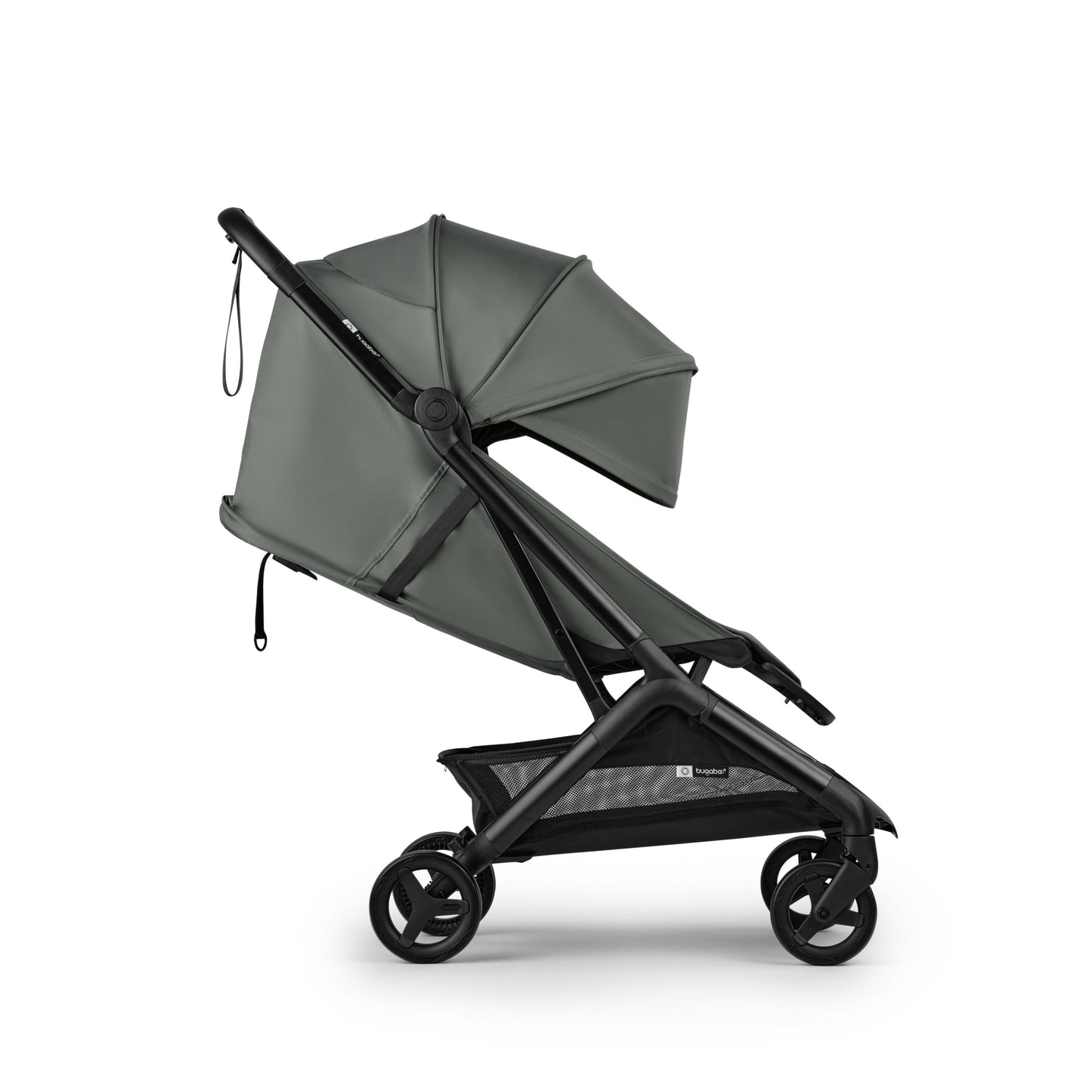 Bugaboo Butterfly 2 travel stroller in black, lightweight, ultra-compact fold, airplane-friendly, with sleek design and sturdy frame.
