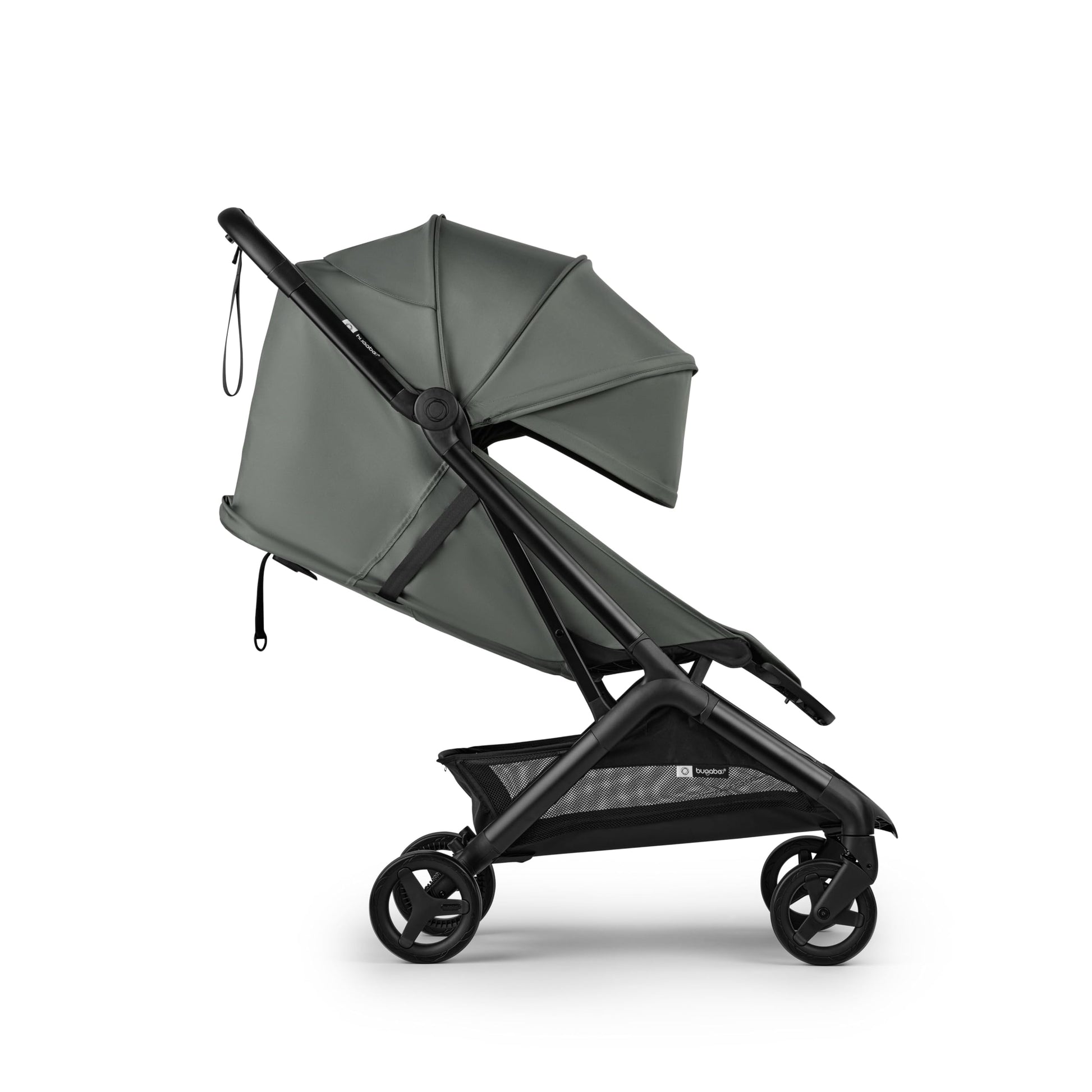 Bugaboo Butterfly 2 travel stroller in black, lightweight, ultra-compact fold, airplane-friendly, with sleek design and sturdy frame.