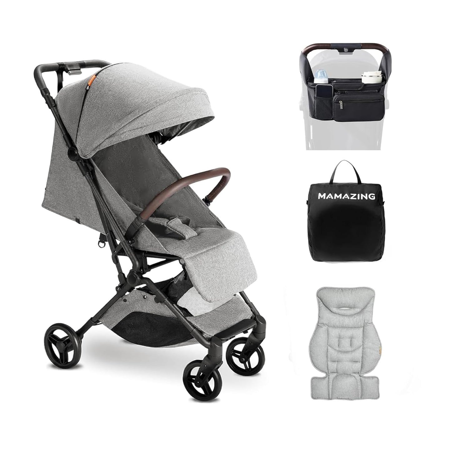 Lightweight MAMAZING Ultra Air baby travel stroller with carbon fiber frame, one-handed fold, compact design, suitable for toddlers