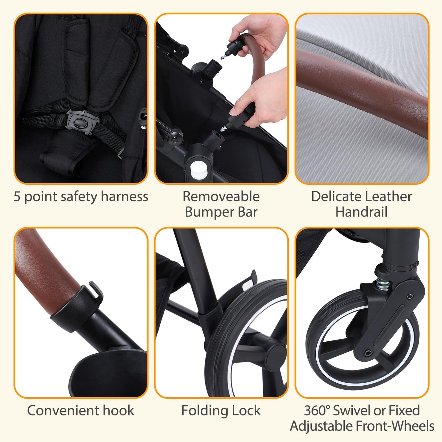 Dark grey tandem double stroller for newborn and toddler twins with reversible seats, adjustable canopy, 5-point harness, and large storage.