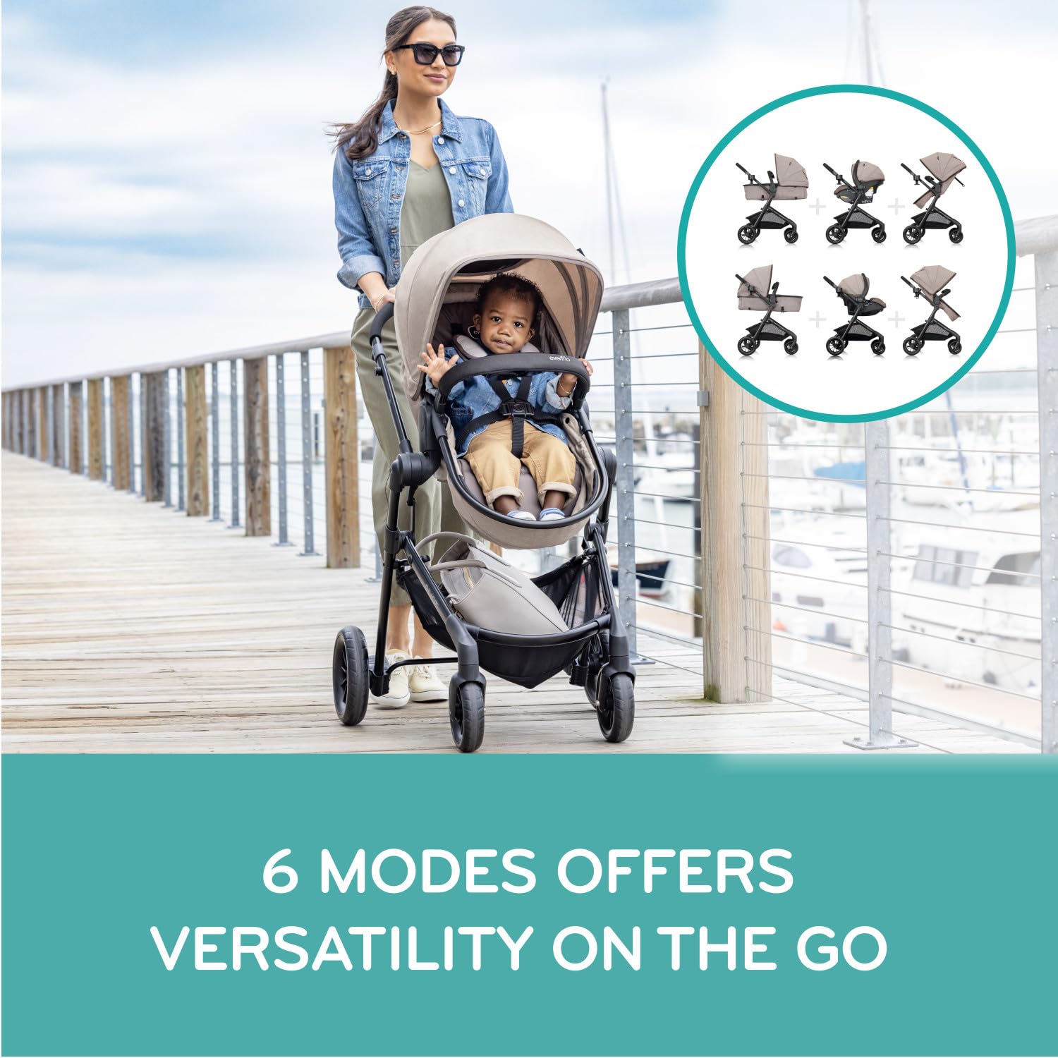 Evenflo Pivot Modular Travel System with LiteMax Preemie and Infant Car Seat in casual gray, showing the stroller and car seat setup