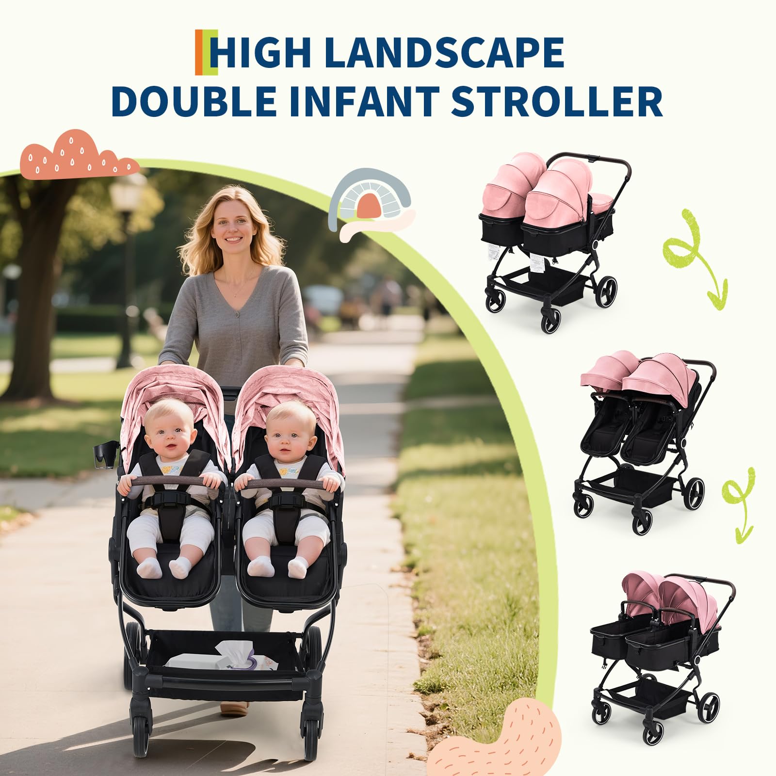Lightweight double stroller for twins with reclining seats, adjustable canopy, 5-point harness, and high landscape design for infants and toddlers.