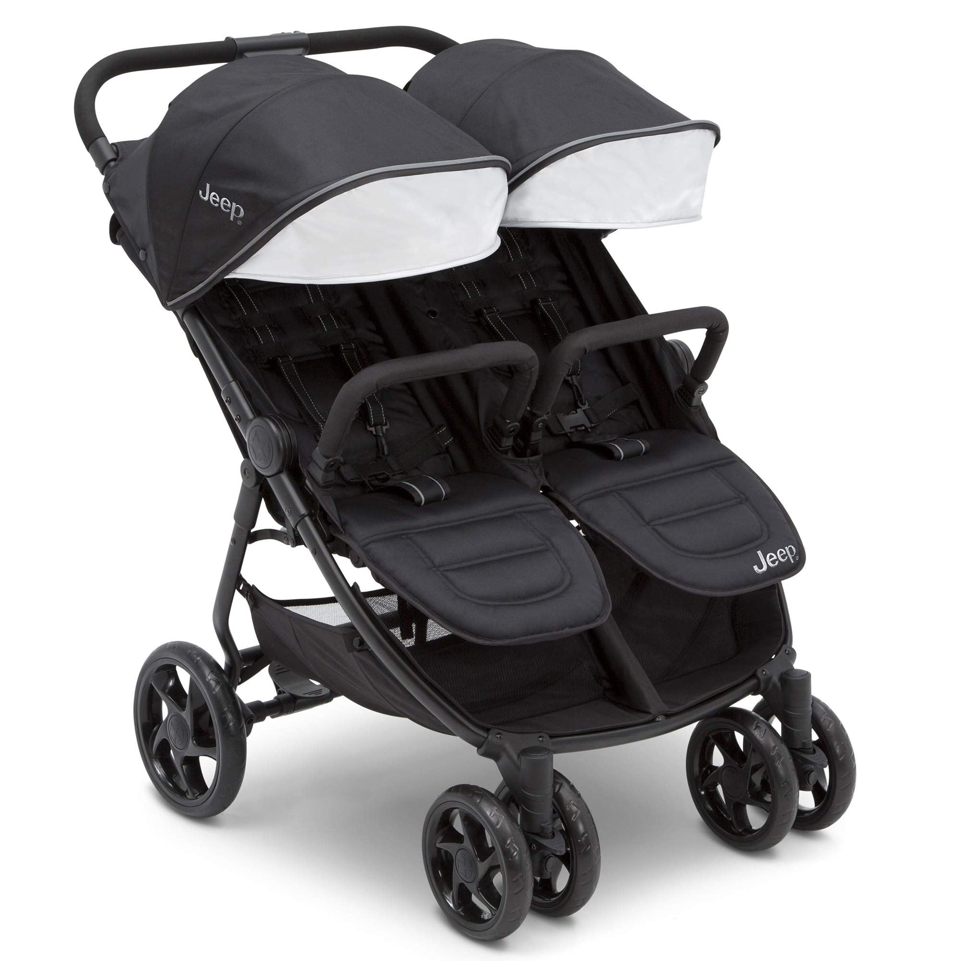 Jeep Destination Ultralight Side-by-Side Double Stroller in midnight color with two seats and adjustable canopy for outdoor outings.