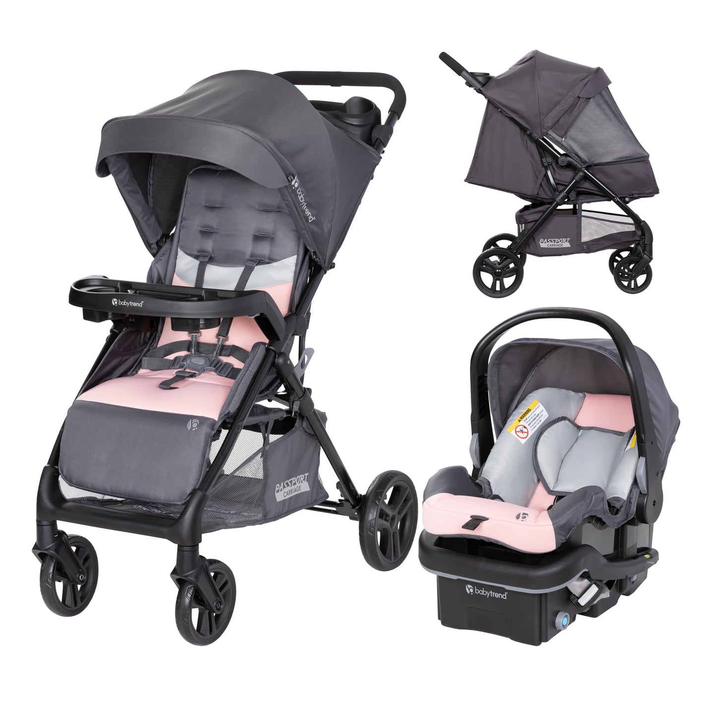 Baby Trend Passport cargo stroller travel system with pink bamboo fabric and EZ-Lift™ Plus infant car seat, featuring a sturdy frame and storage.