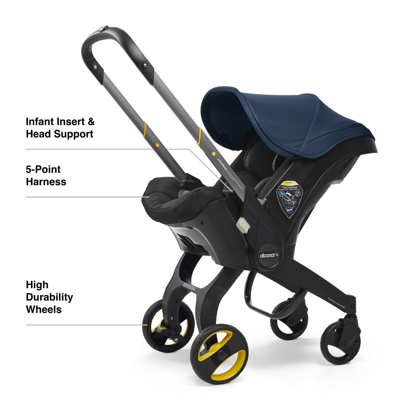 Doona Slate Green all-in-one car seat and stroller travel system with adjustable handle and safety harness.