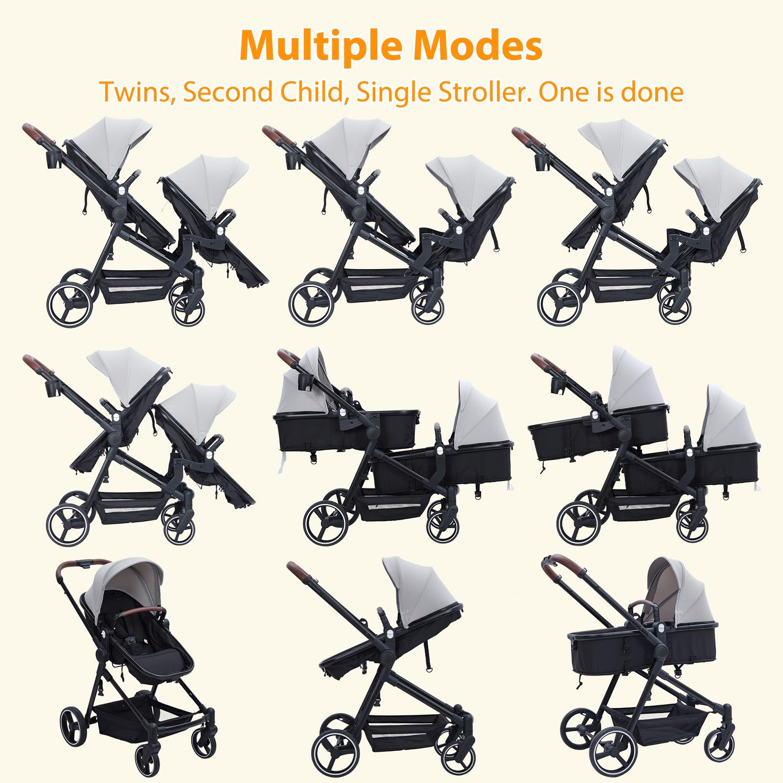 My Store tandem stroller with double bassinet, reversible seat, adjustable canopy, one-hand fold, and large storage basket in black.