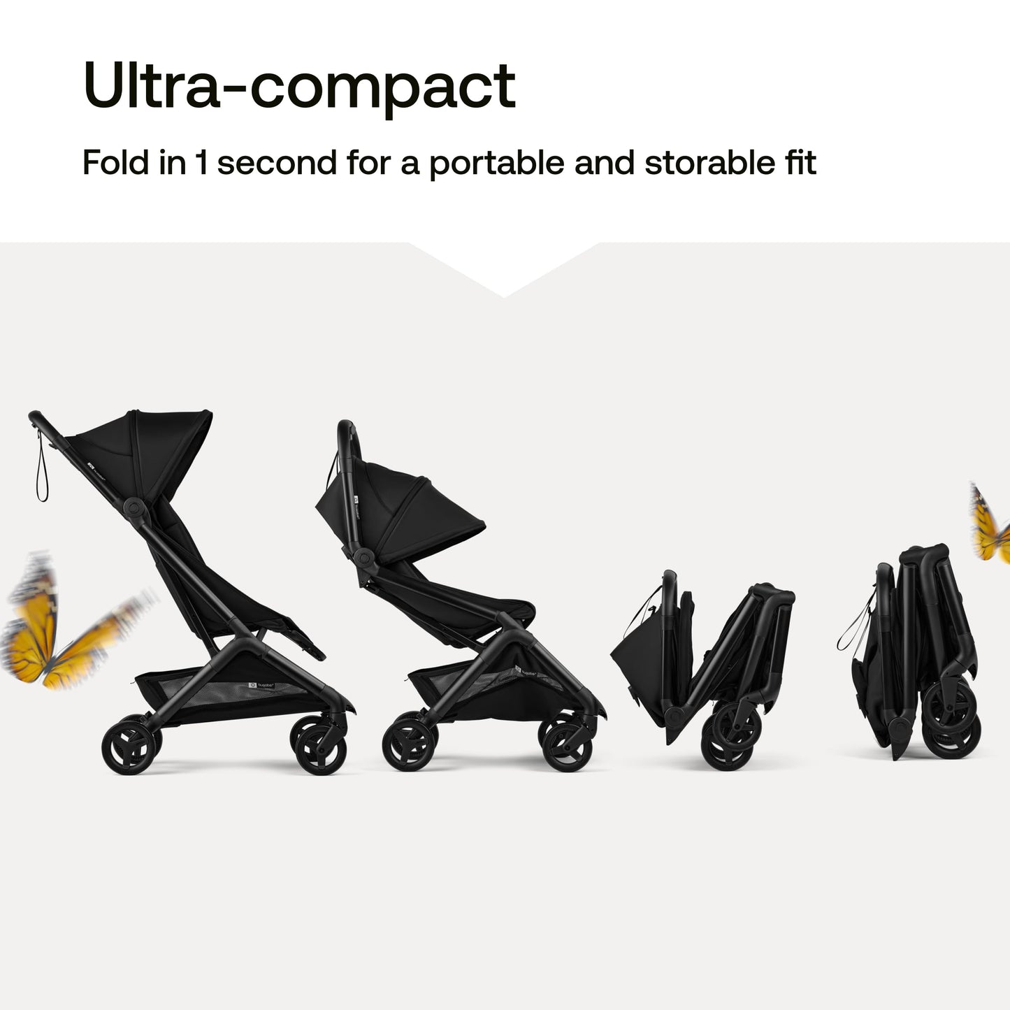 Bugaboo Butterfly 2 travel stroller in black, ultra-compact fold, lightweight design, airplane-friendly for easy travel.