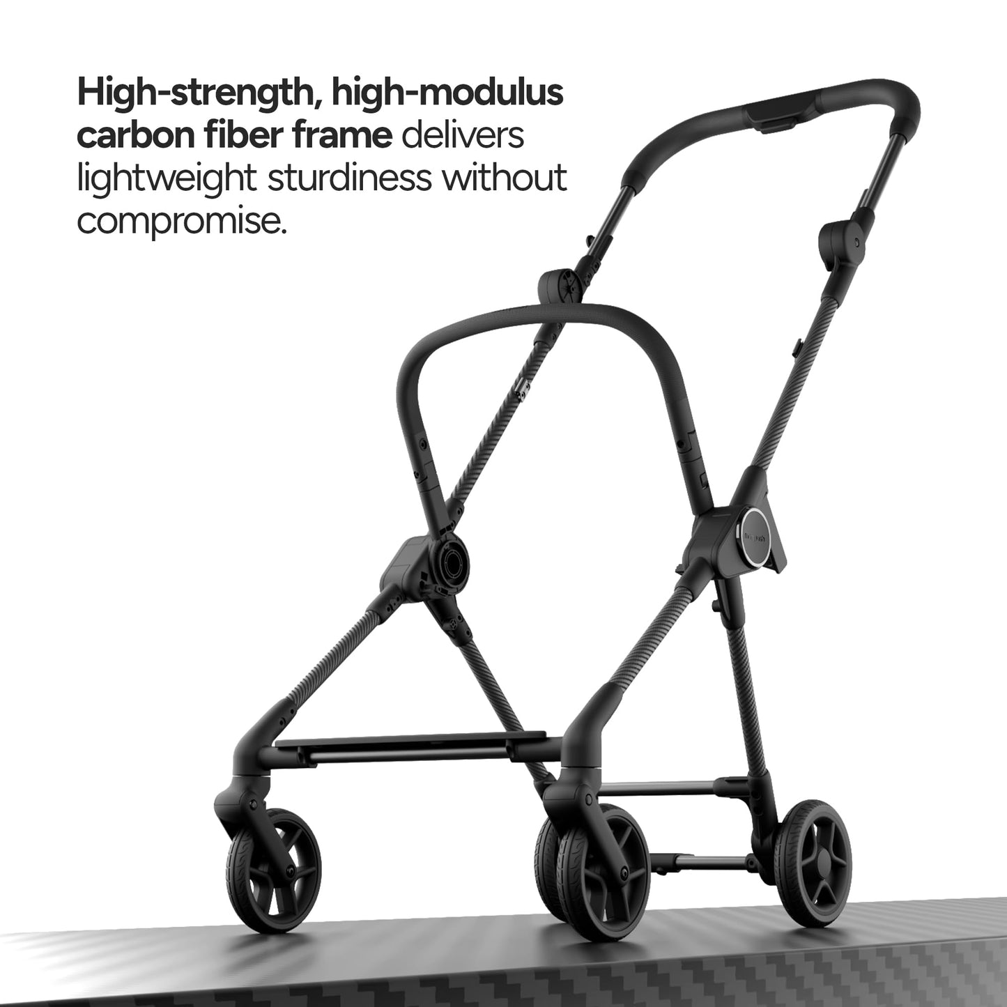 Mompush Nexis Carbon travel stroller, ultra-lightweight 11.5 lbs, compact, auto-fold, full recline, suitable from birth to 50 lbs.